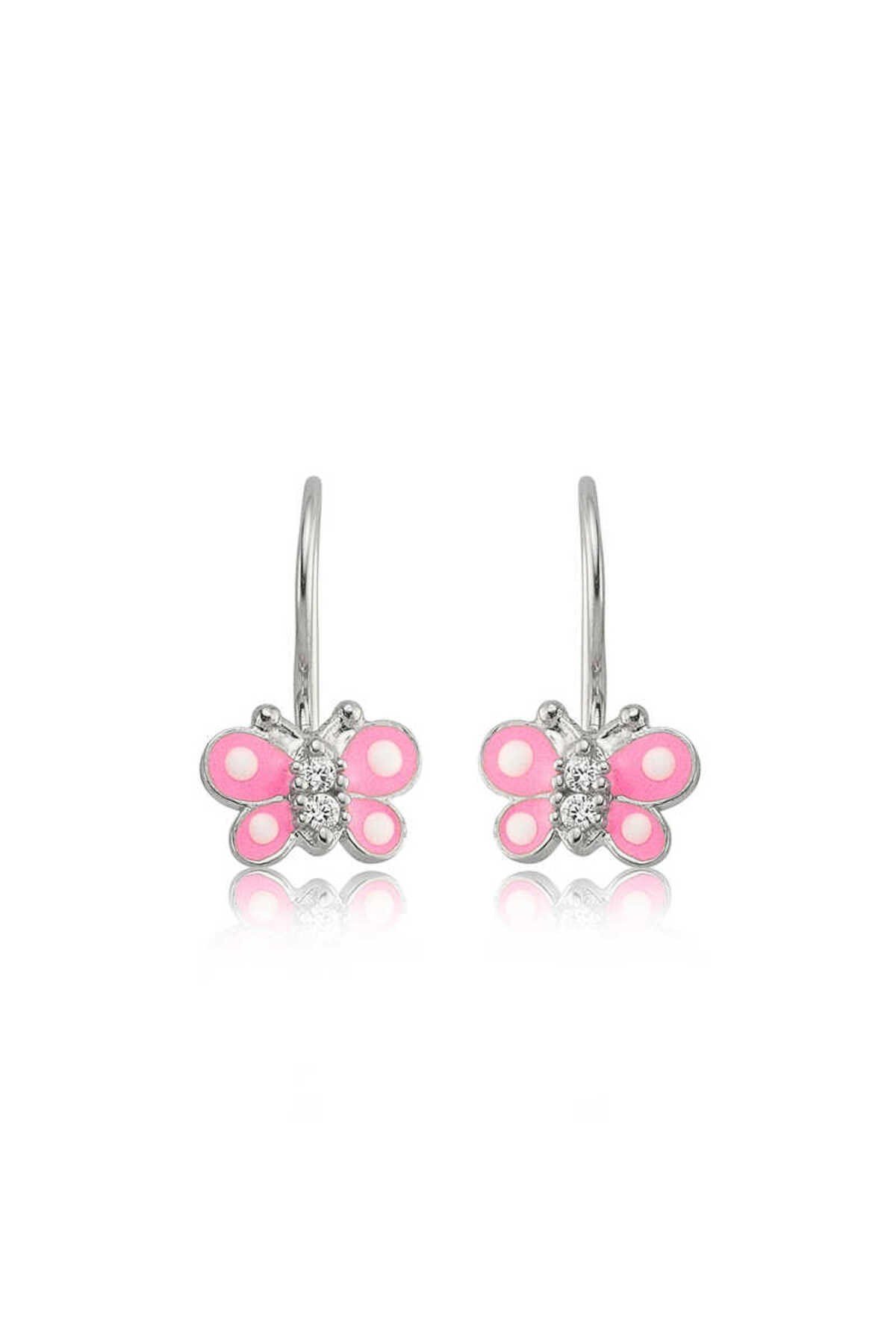 Gümüş Sallantılı Pembe Kelebek Çocuk Küpesi  T6534MR