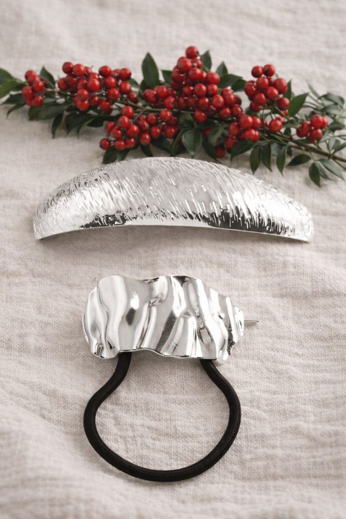 Silver Wave Gümüş Saç Tokası & Lastik Seti Silver
