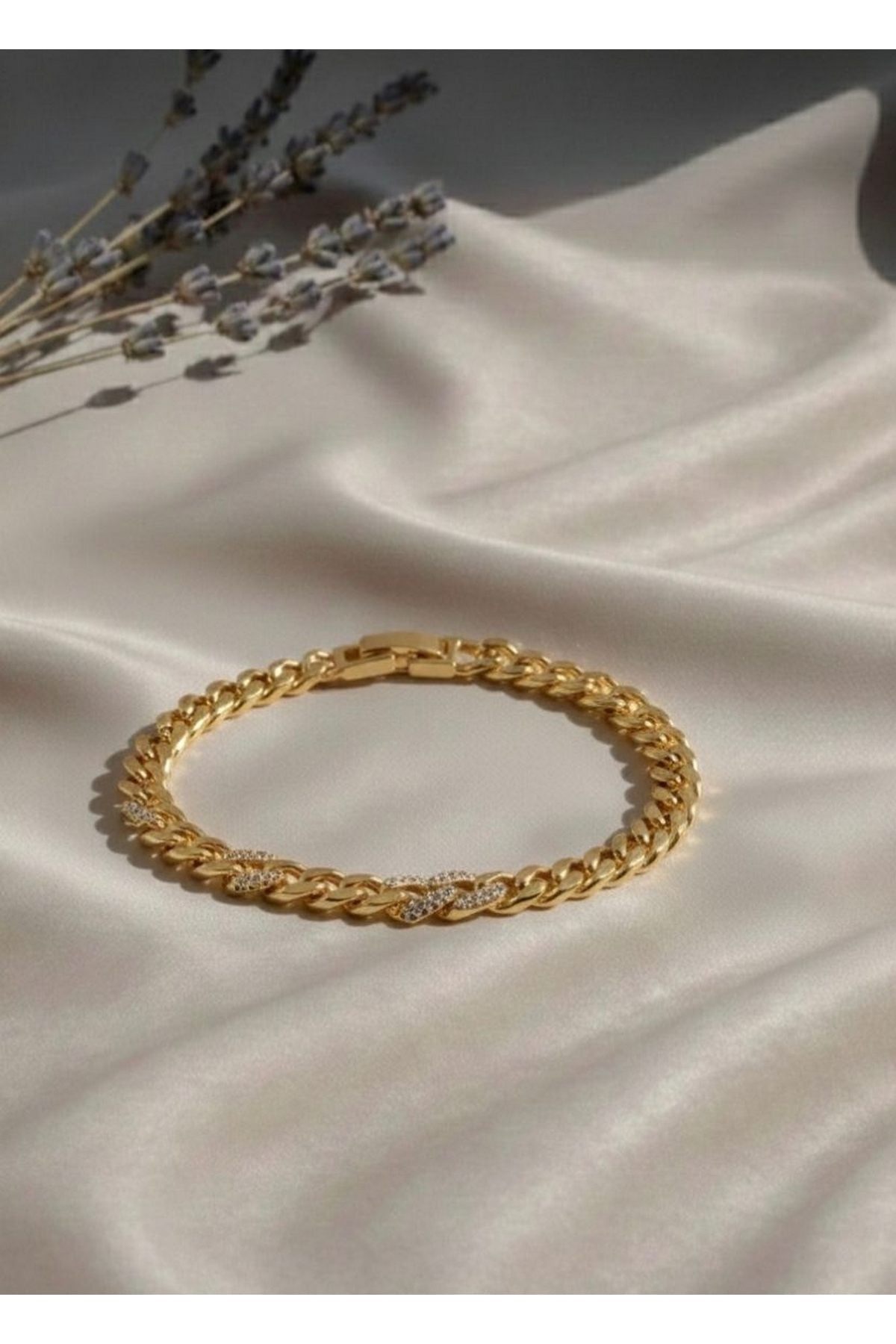 Vıp 14 K Şık Taşlı Gurmet Zincir Kadın Bileklik Gold