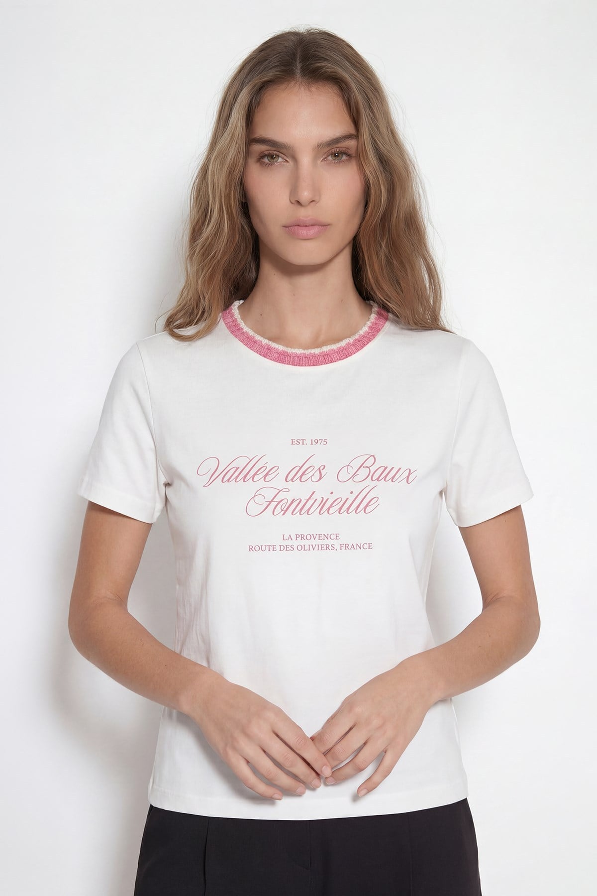 Quzu Baskı Detaylı T-shirt Ekru/Pembe