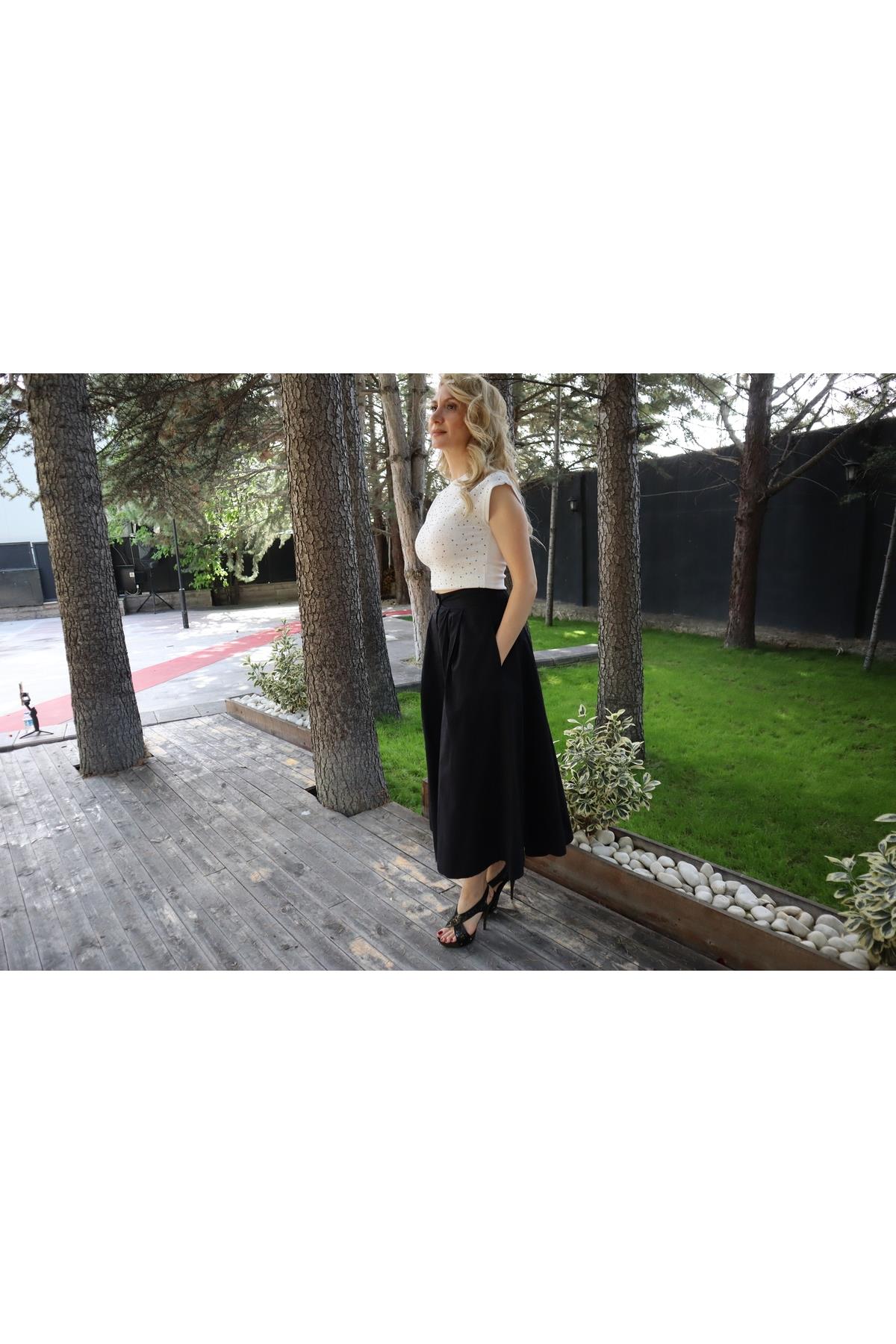 BELİ LASTİKLİ ÇİFT CEPLİ BALON ETEK SALAŞ A KESİM POPLİN KUMAŞ