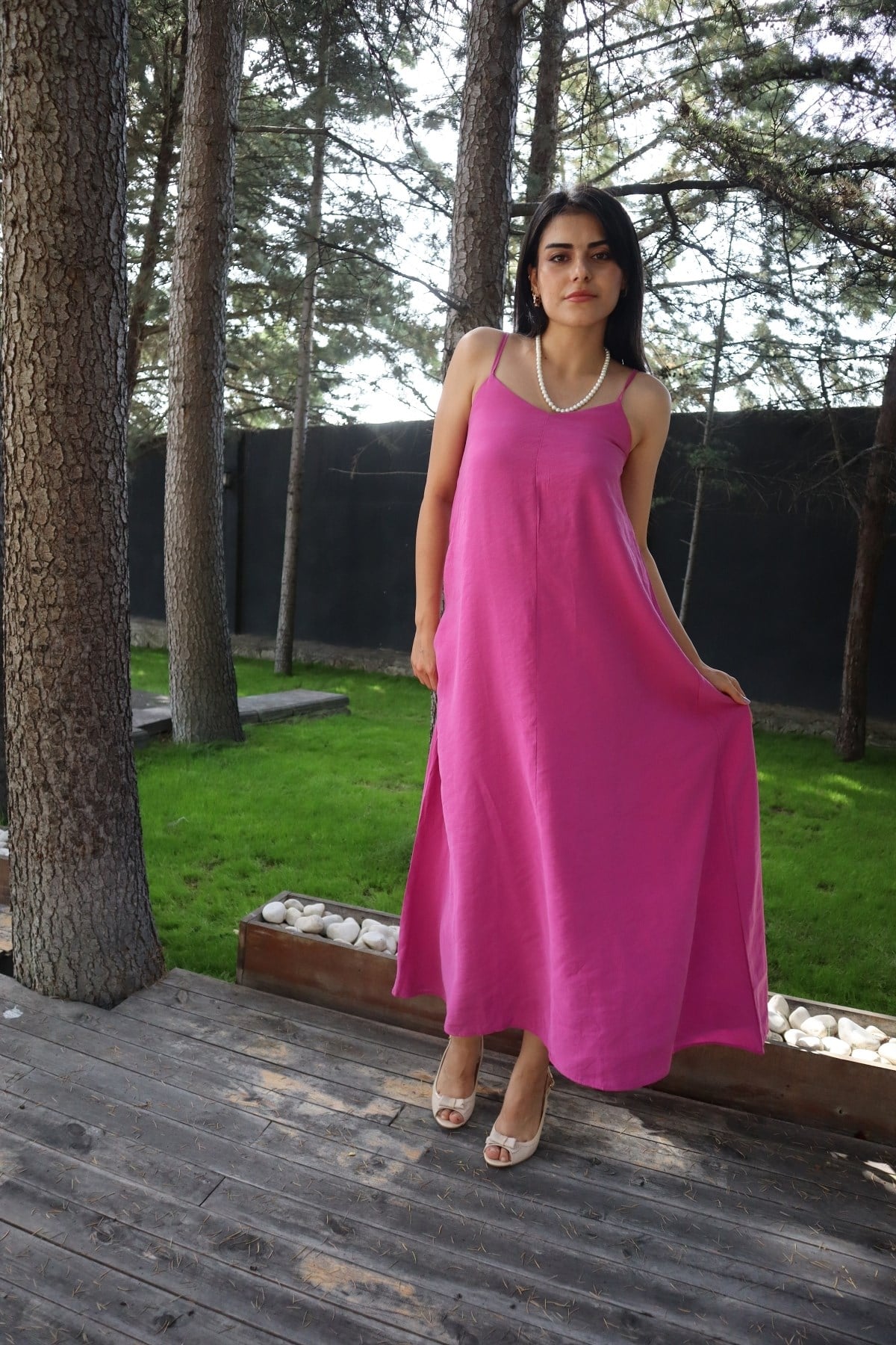 KADIN İNCE ASKILI UZUN PEMBE ELBİSE CREP KUMAŞ