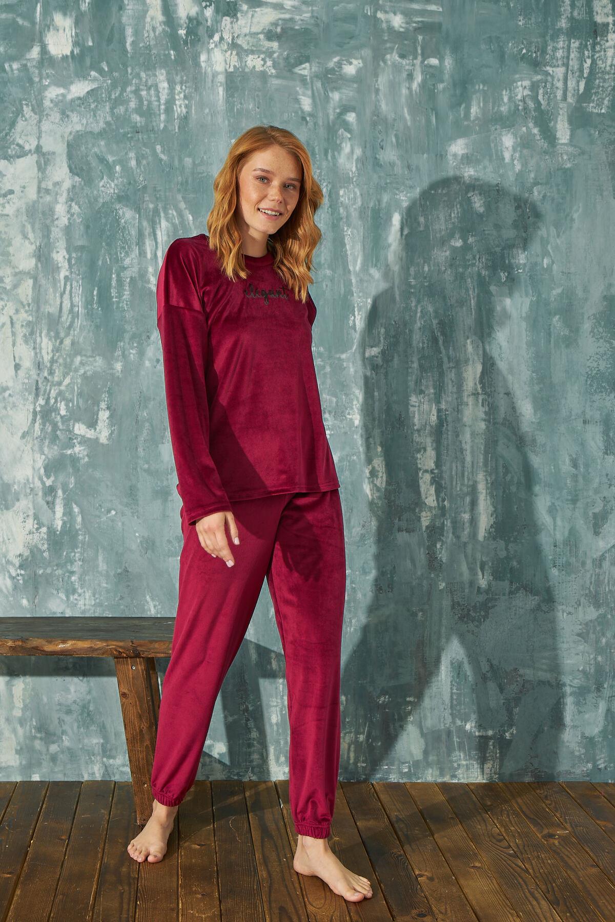 KADİFE 2'Lİ TAKIM KADIN BORDO ELEGANT