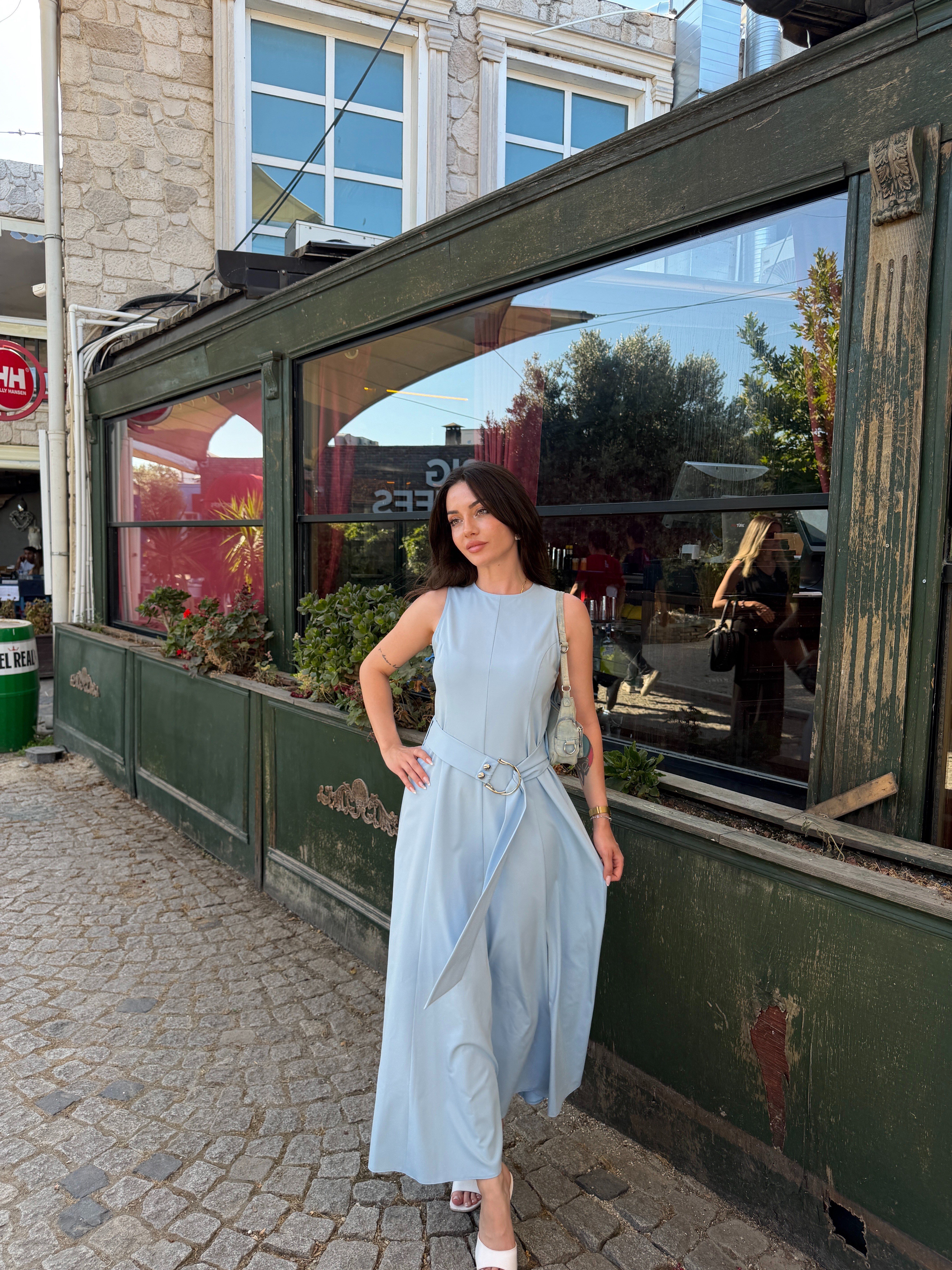 Sleeveless Long Belted Dress Polyviscose