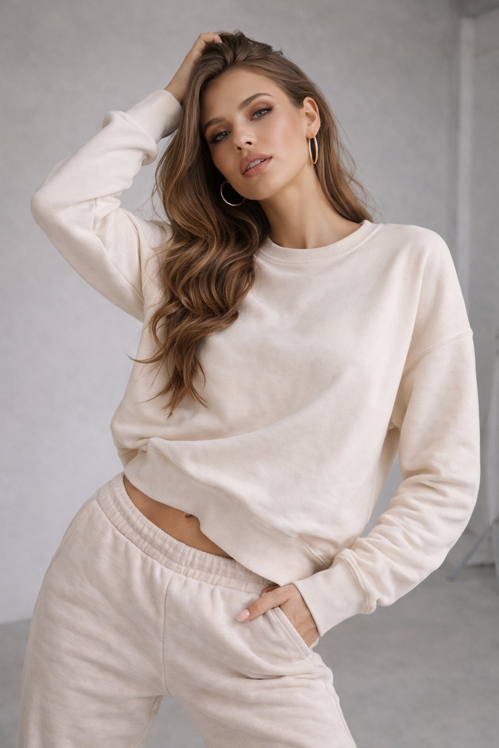 Kadın Bej Pamuklu Interlock Oversize Sweatshirt