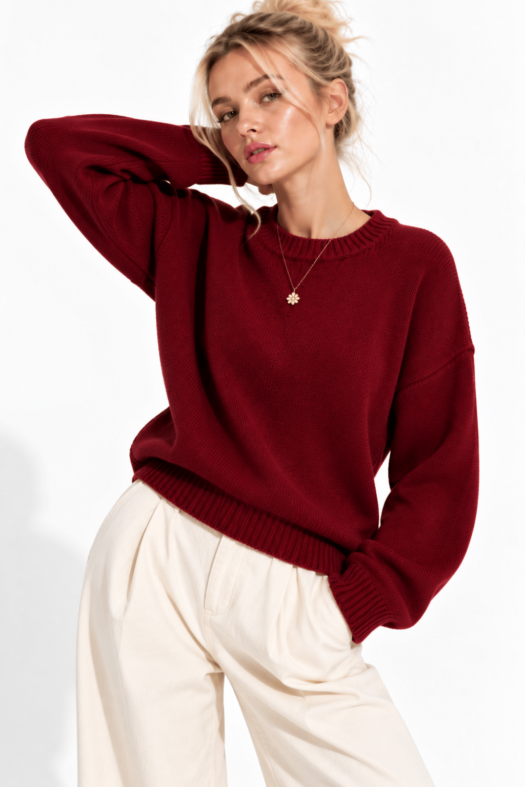 Kadın Bordo Bisiklet Yaka Soft Touch Oversize Triko Kazak