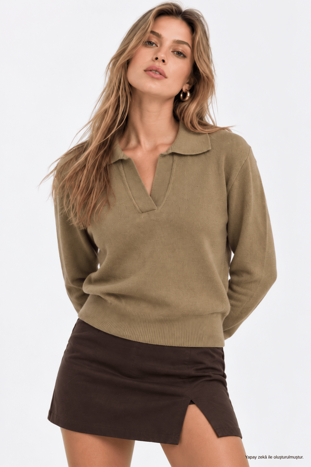 Kadın Camel Polo Yaka Uzun Kollu Triko Kazak