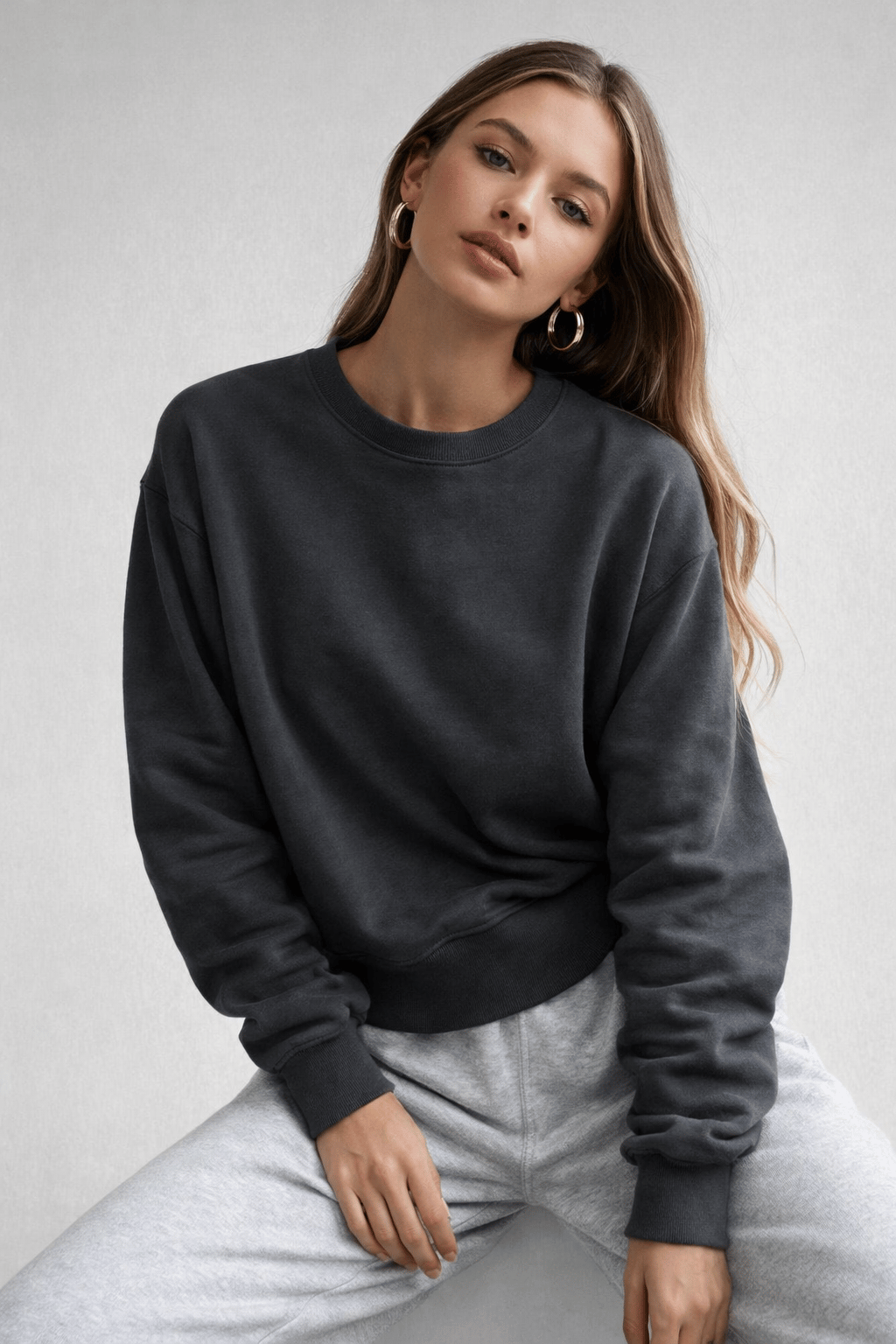 Kadın Füme Pamuklu Interlock Oversize Sweatshirt