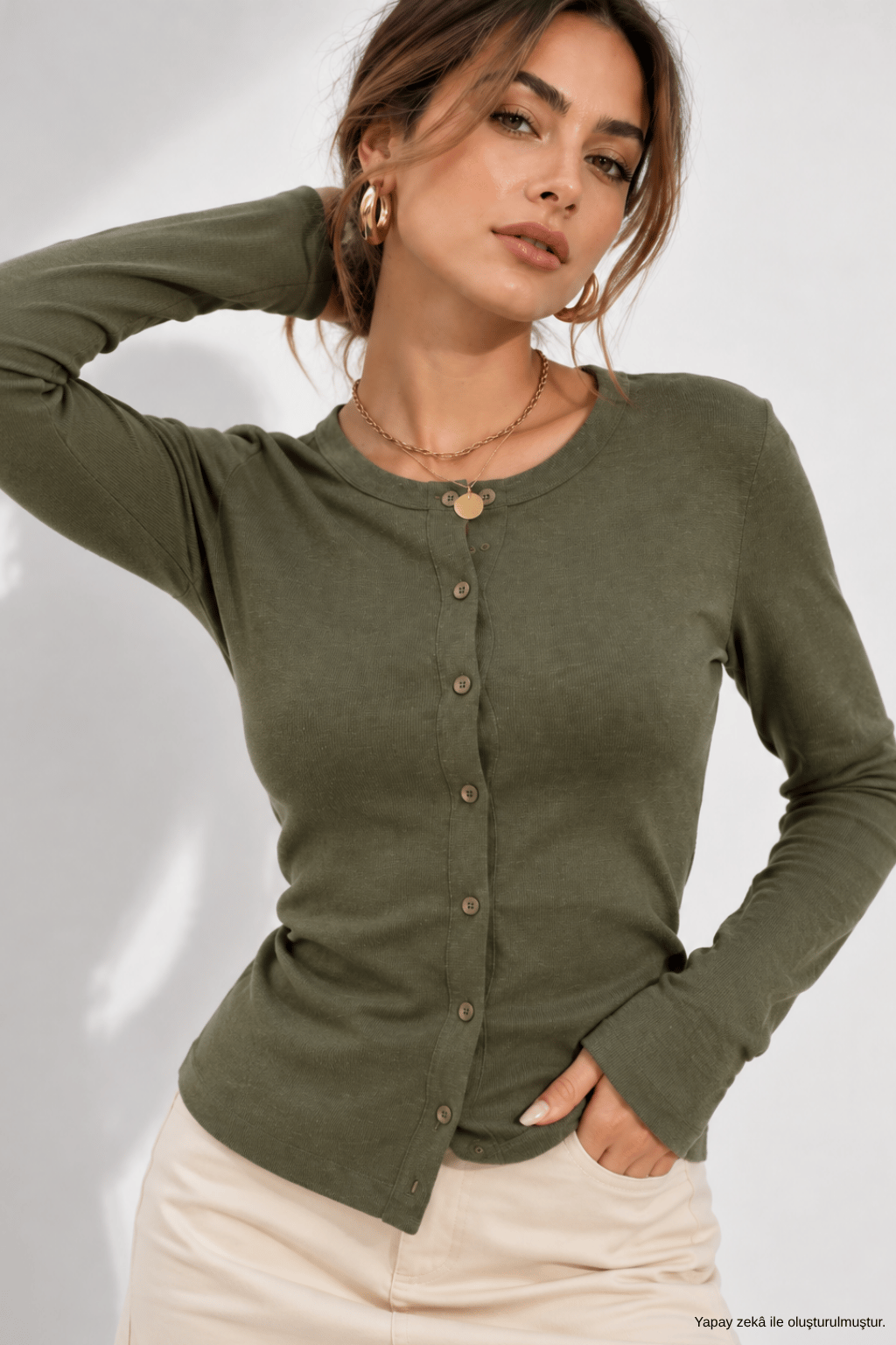 Kadın Haki Pamuklu Vücudu Saran Düğmeli Basic Hırka Bluz