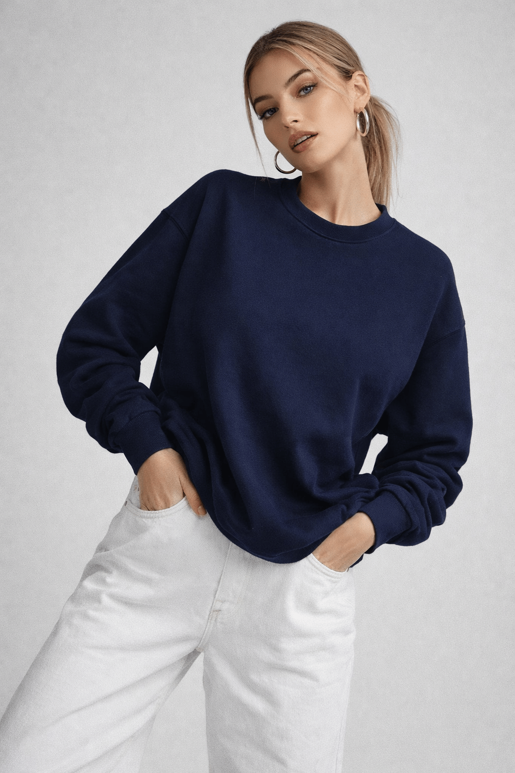 Kadın Lacivert Bisiklet Yaka Uzun Kollu Oversize Sweatshirt