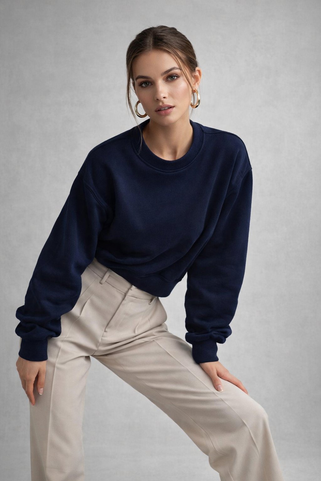 Kadın Lacivert Pamuklu Interlock Oversize Sweatshirt