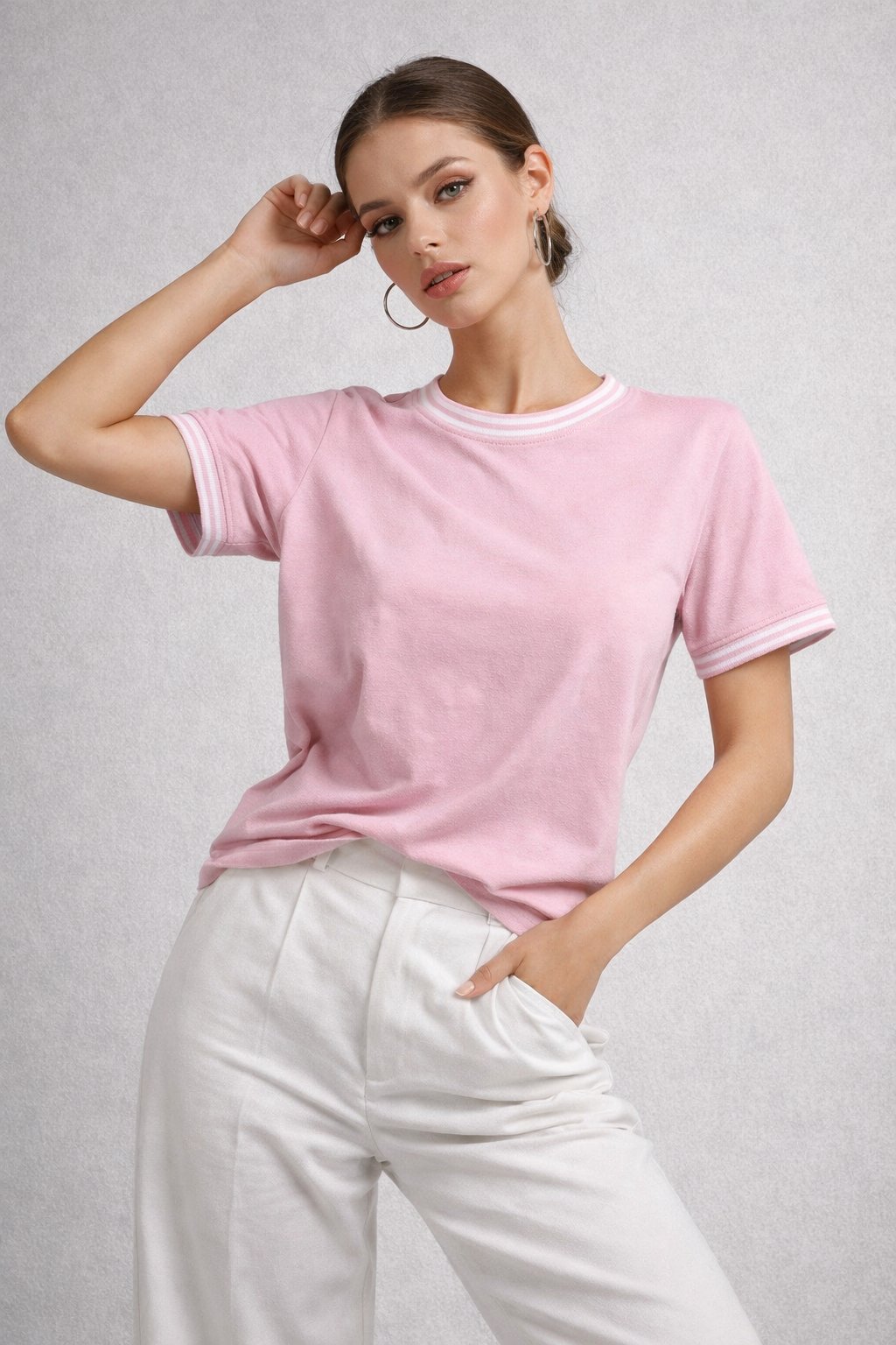 Kadın Pembe Triko Yaka Basic Kısa Kollu Tişört