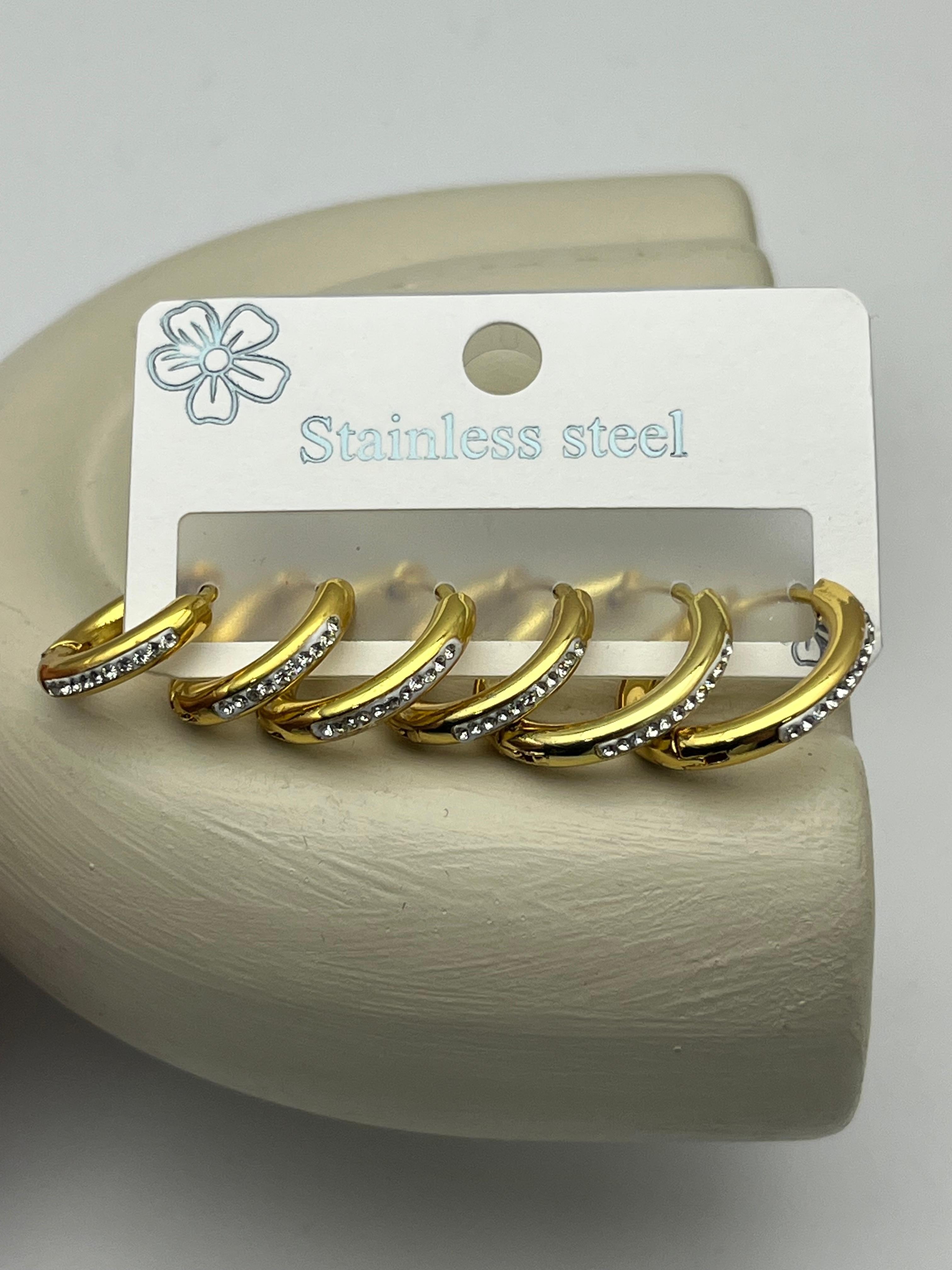 26clk65 Gold Zirkon Taşlı Çelik Halka Küpe Seti