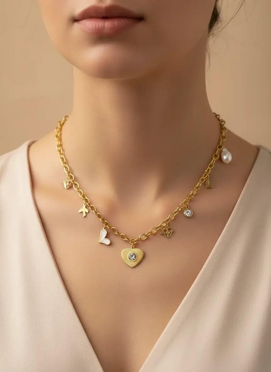 Çelik Gold Kalp Charm'lı Kolye - 25-clkk145