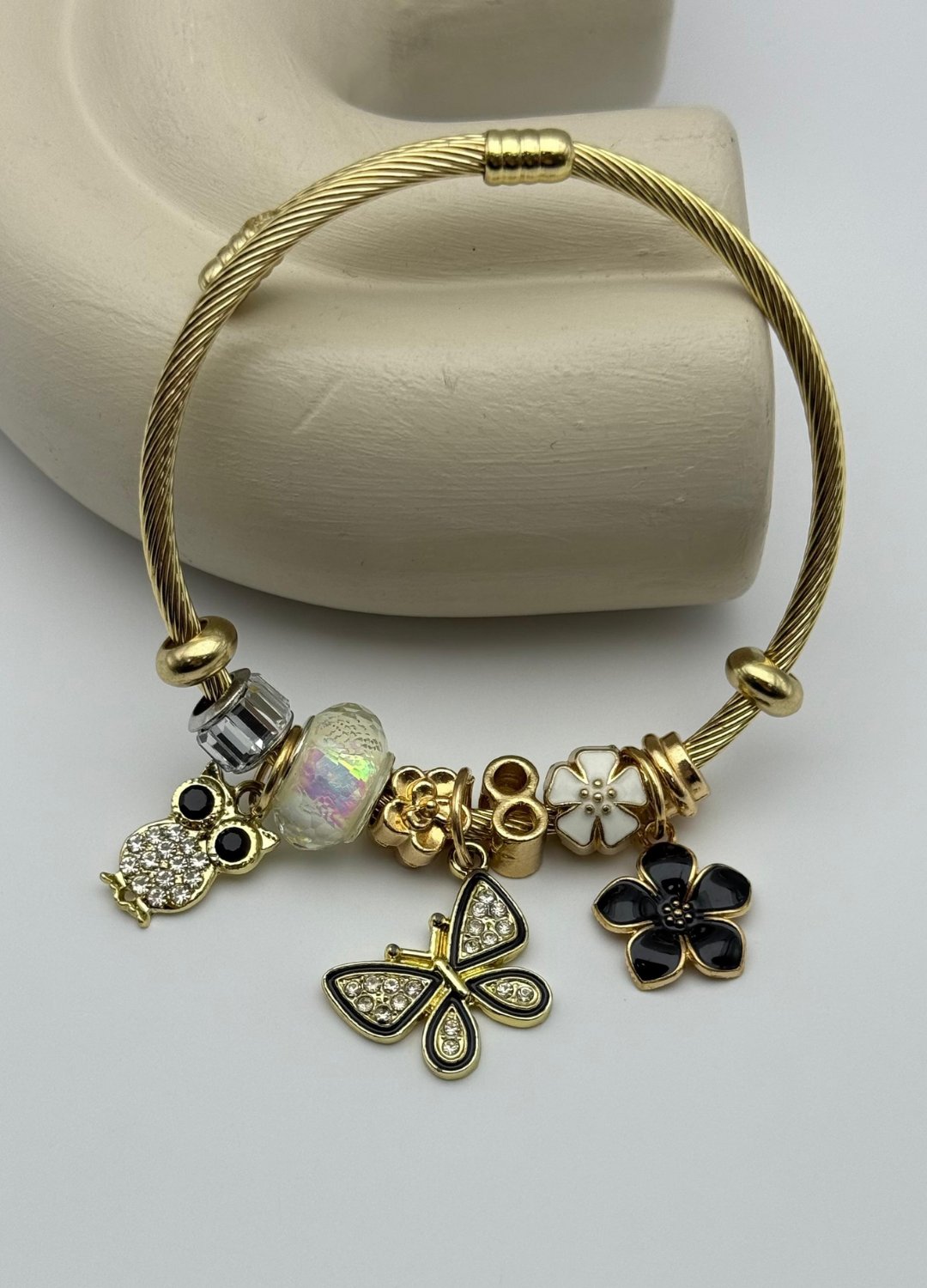 Çelik Gold Kelebek Baykuş Çiçek Taşlı Pandora Bileklik - 26blk28