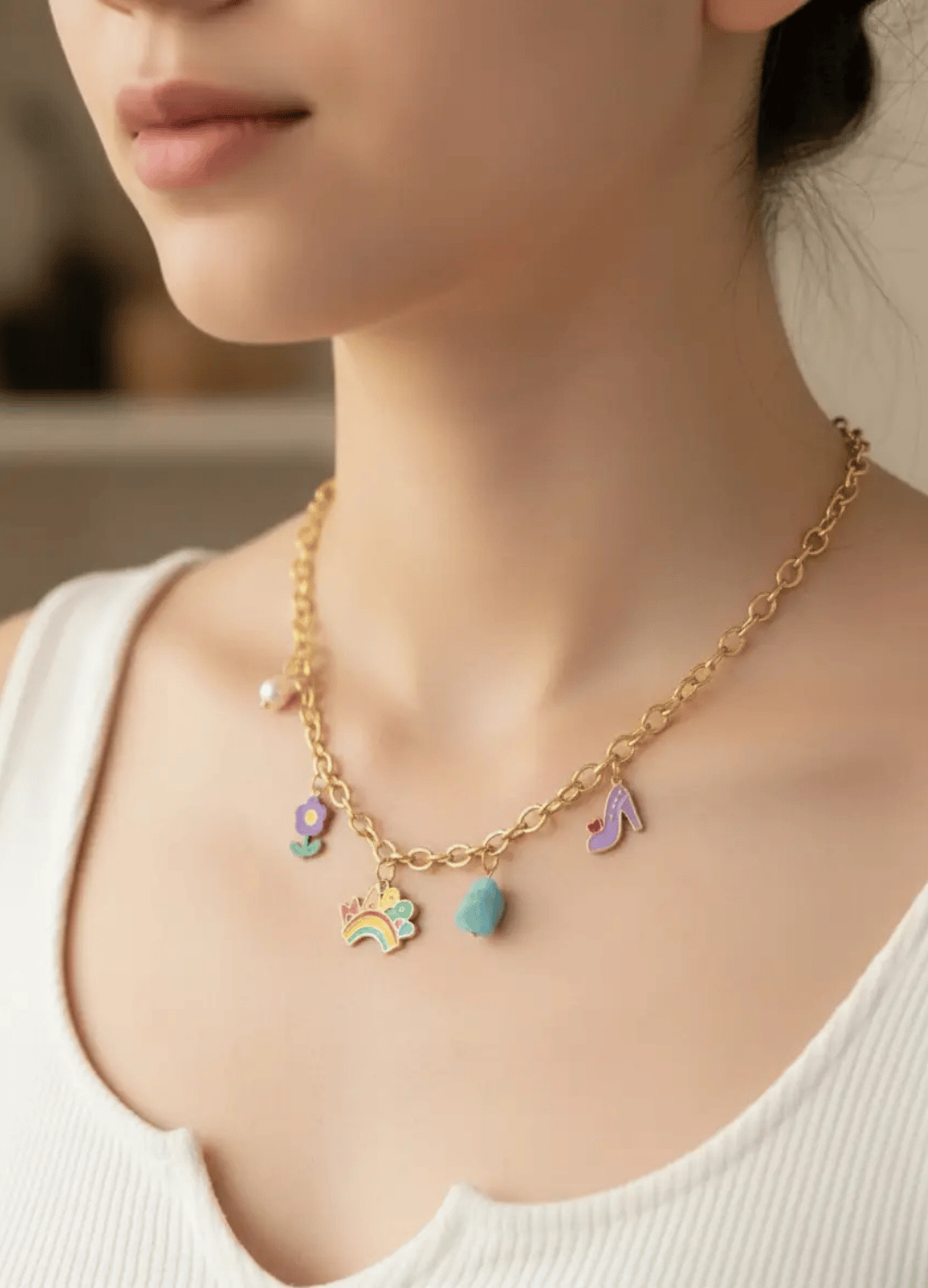 Çelik Gold Renkli Charm'lı Kolye - 25-clkk140