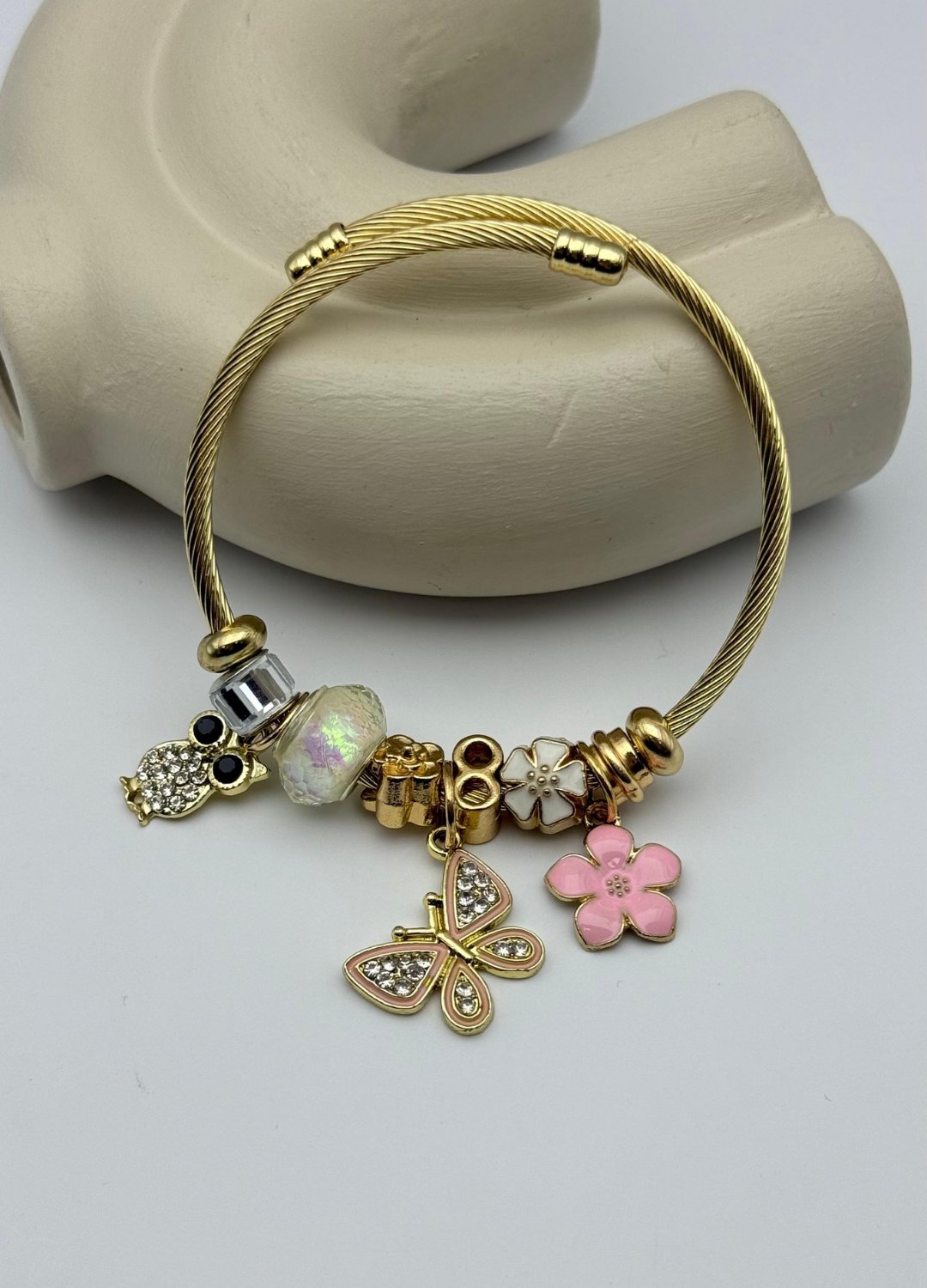 Çelik Gold Taşlı Kelebek Baykuş Çiçek Charmlı Pandora Bileklik - 26blk43