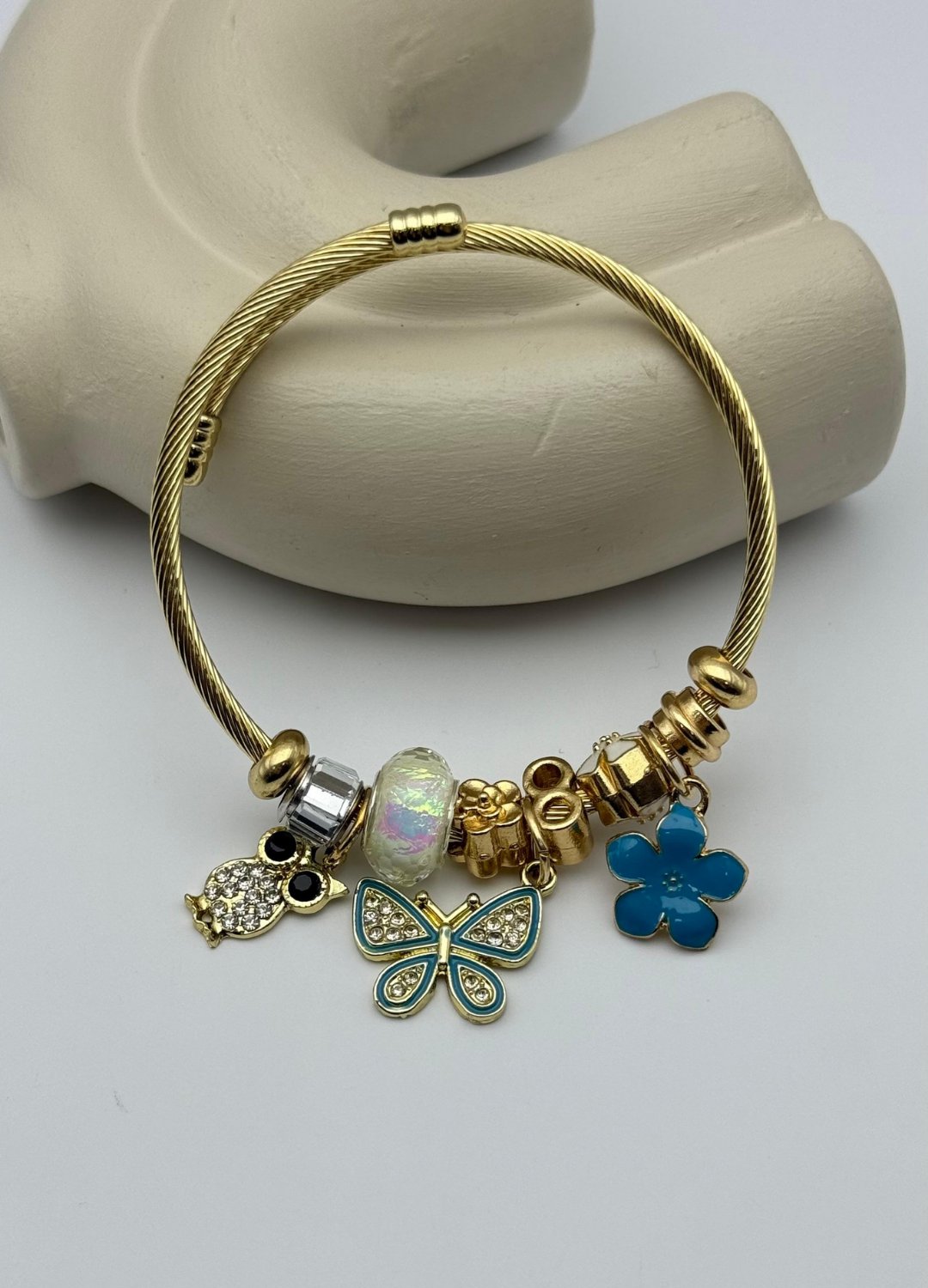 Çelik Gold Taşlı Kelebek Baykuş Çiçek Charmlı Pandora Bileklik - 26blk41