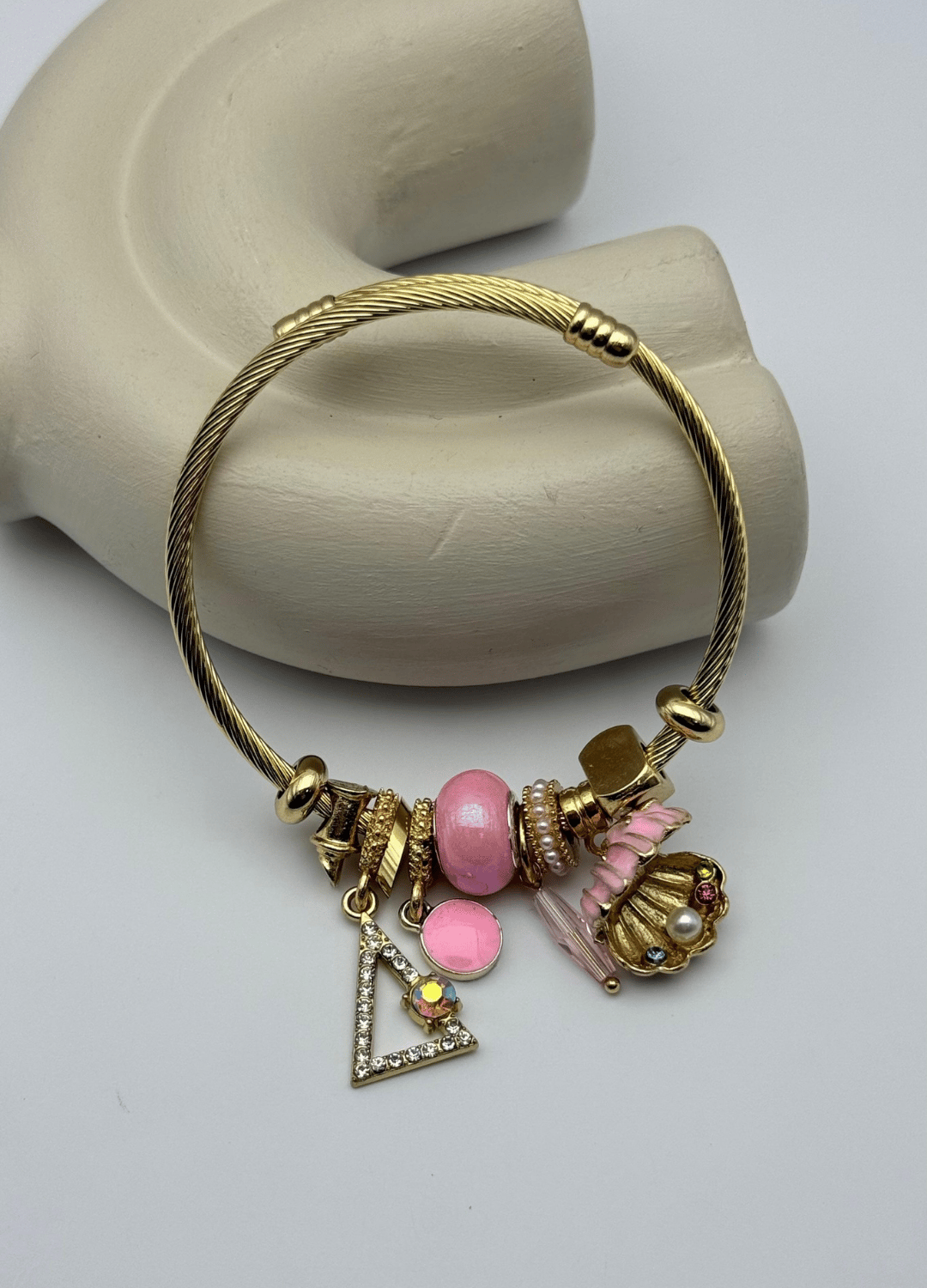 Çelik Gold Taşlı Üzgen İstiridye Pembe Charmlı Pandora Bileklik - 26blk33
