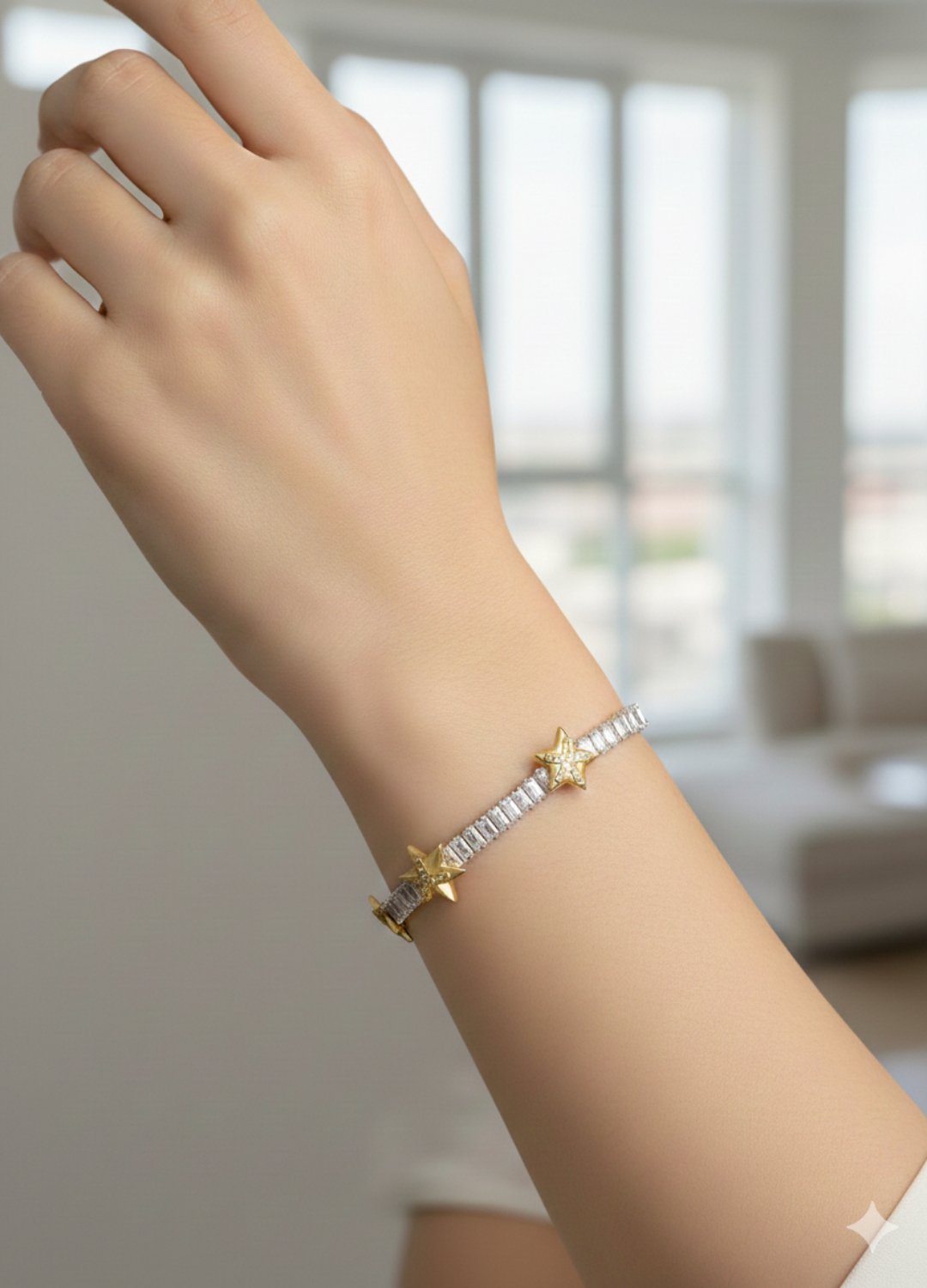 Çelik Silver Baget Taşlı Gold Yıldızlı Su Yolu Bileklik - 26slb53