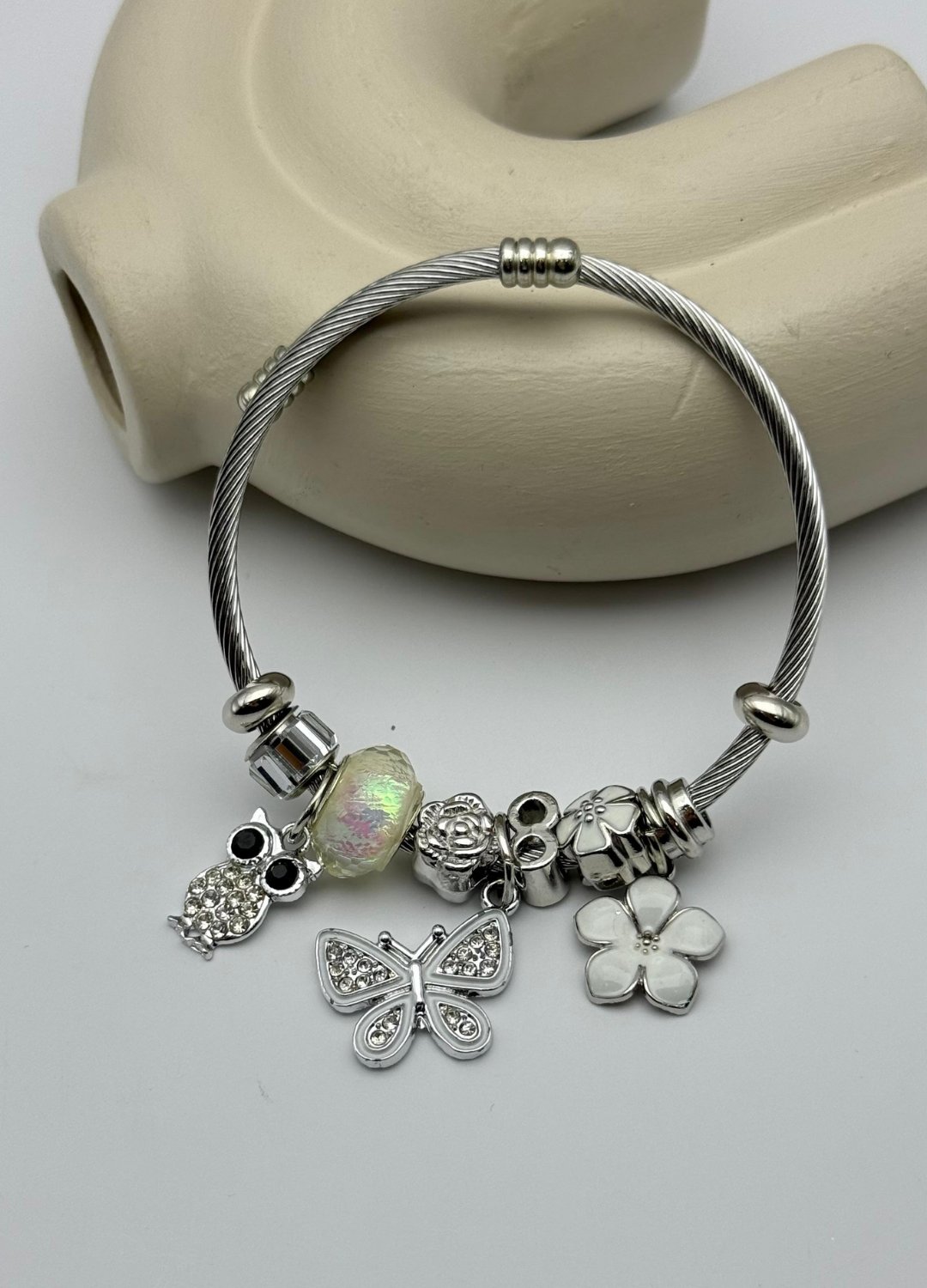 Çelik Silver Taşlı Baykuş Kelebek Beyaz Çiçek Charmlı Pandora Bileklik - 26blk49