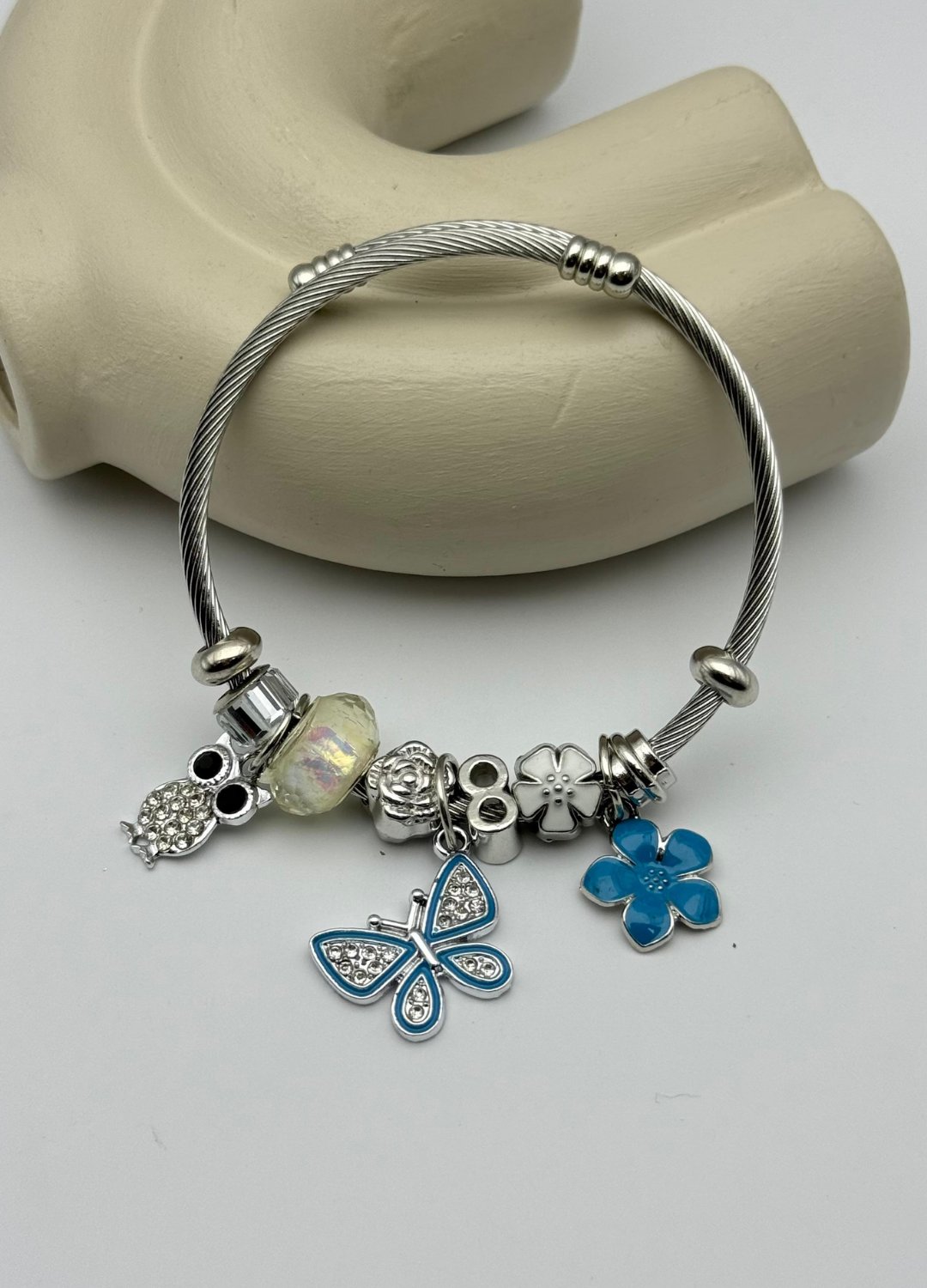 Çelik Silver Taşlı Baykuş Kelebek Mavi Çiçek Charmlı Pandora Bileklik - 26blk60