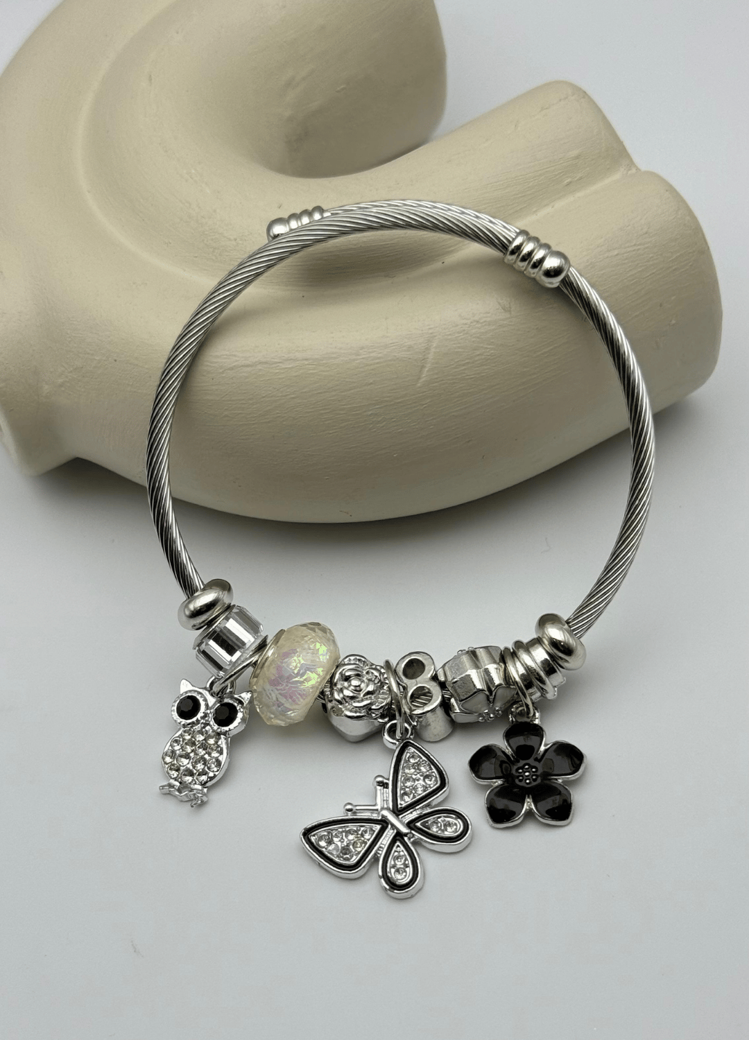 Çelik Silver Taşlı Baykuş Kelebek Siyah Çiçek Charmlı Pandora Bileklik - 26blk49