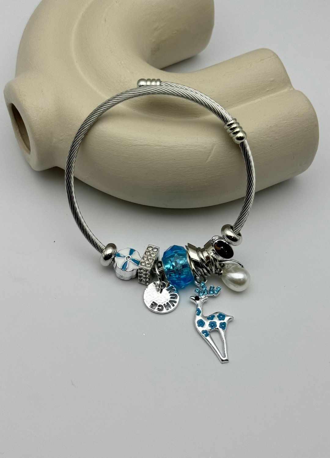 Çelik Silver Taşlı Mavi Geyik Charmlı Pandora Bileklik - 26blk66