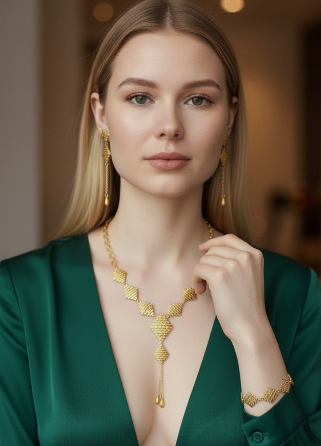 Vip Gold Kare Küpe Bileklik Kolye Set - 26set15