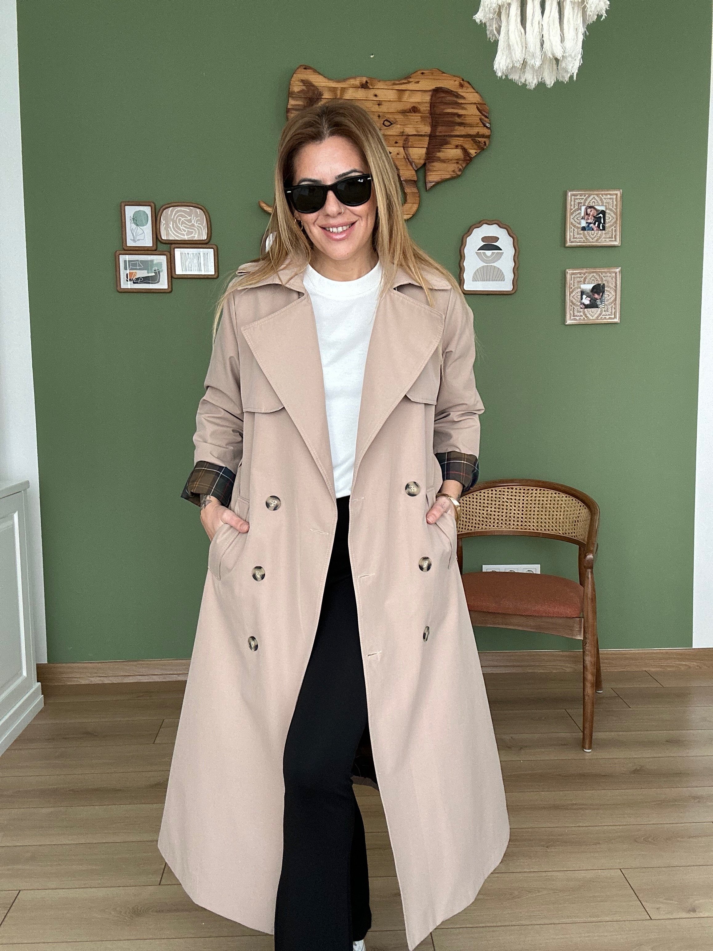 Ekose Astarlı Camel Trençkot