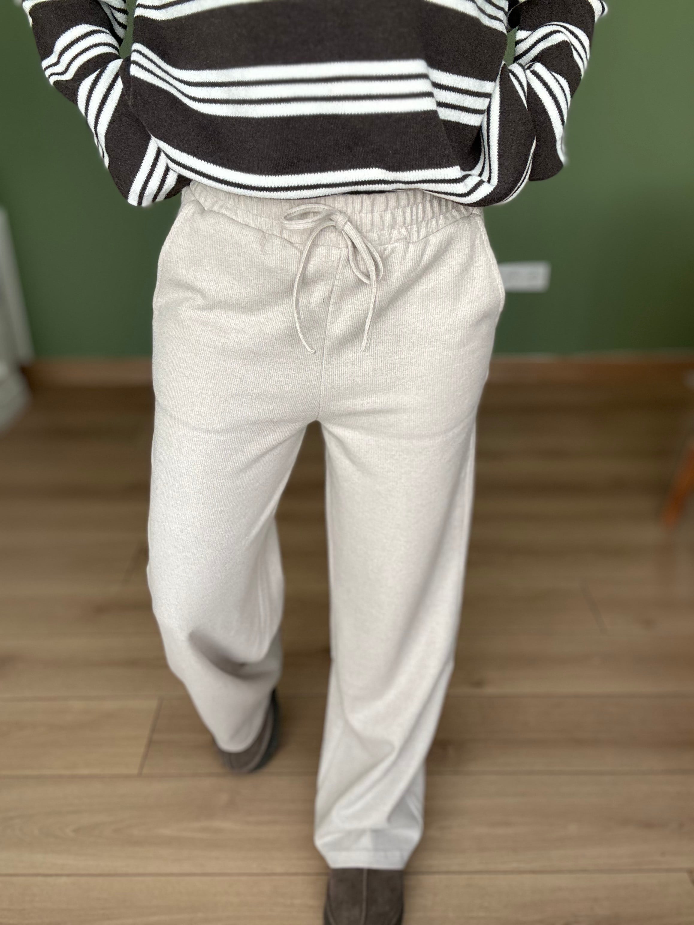 Kalın Kumaş Beli Lastikli Bej Pantolon