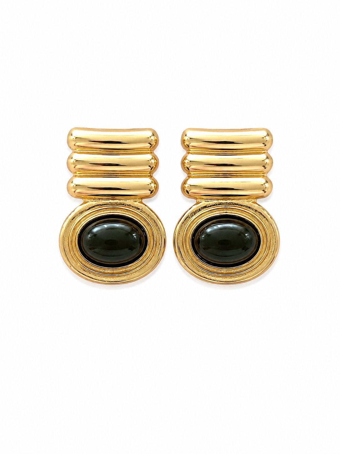 Yeşil Taşlı Gold Oval Küpe