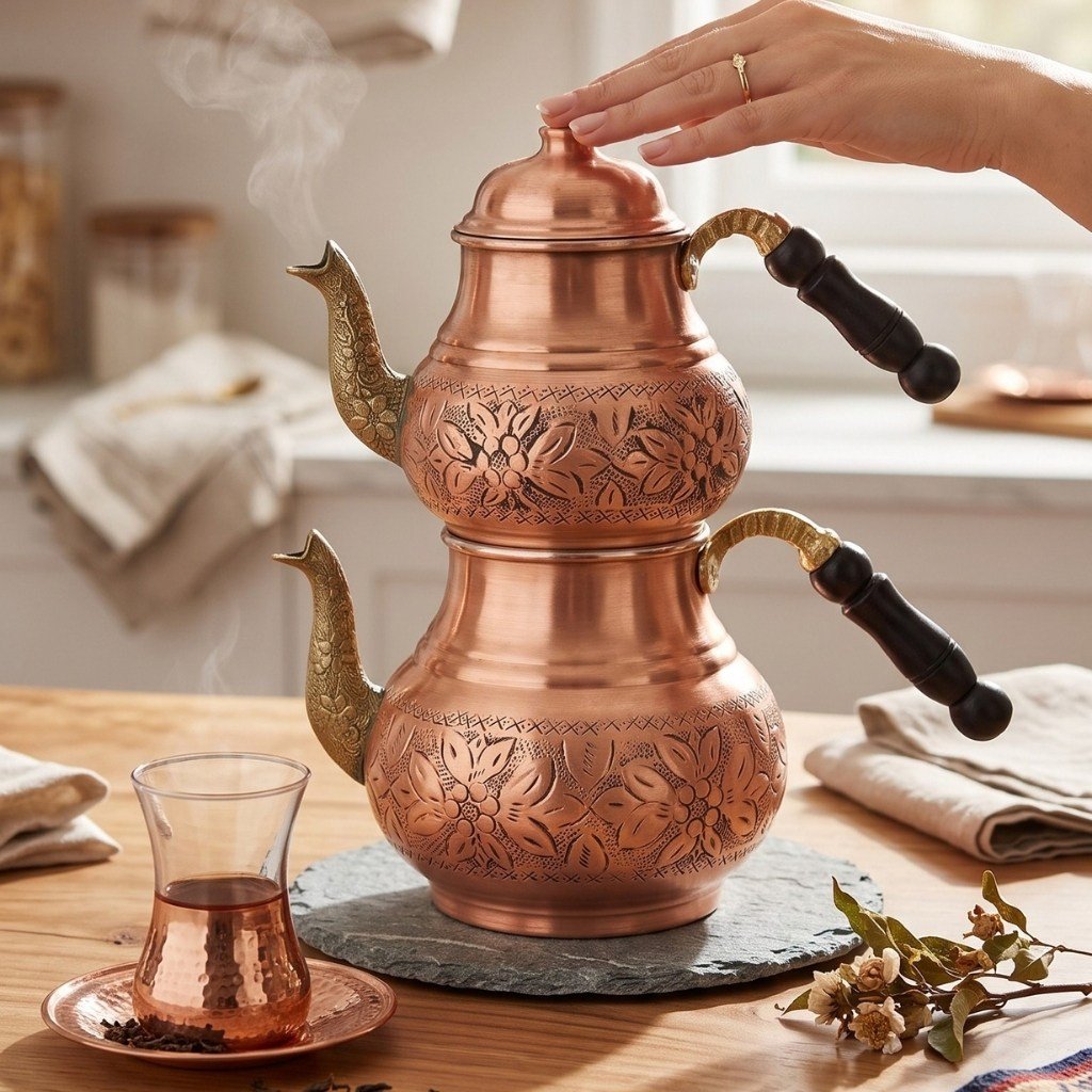 Bakır Çiçek Desenli İşlemeli Çaydanlık