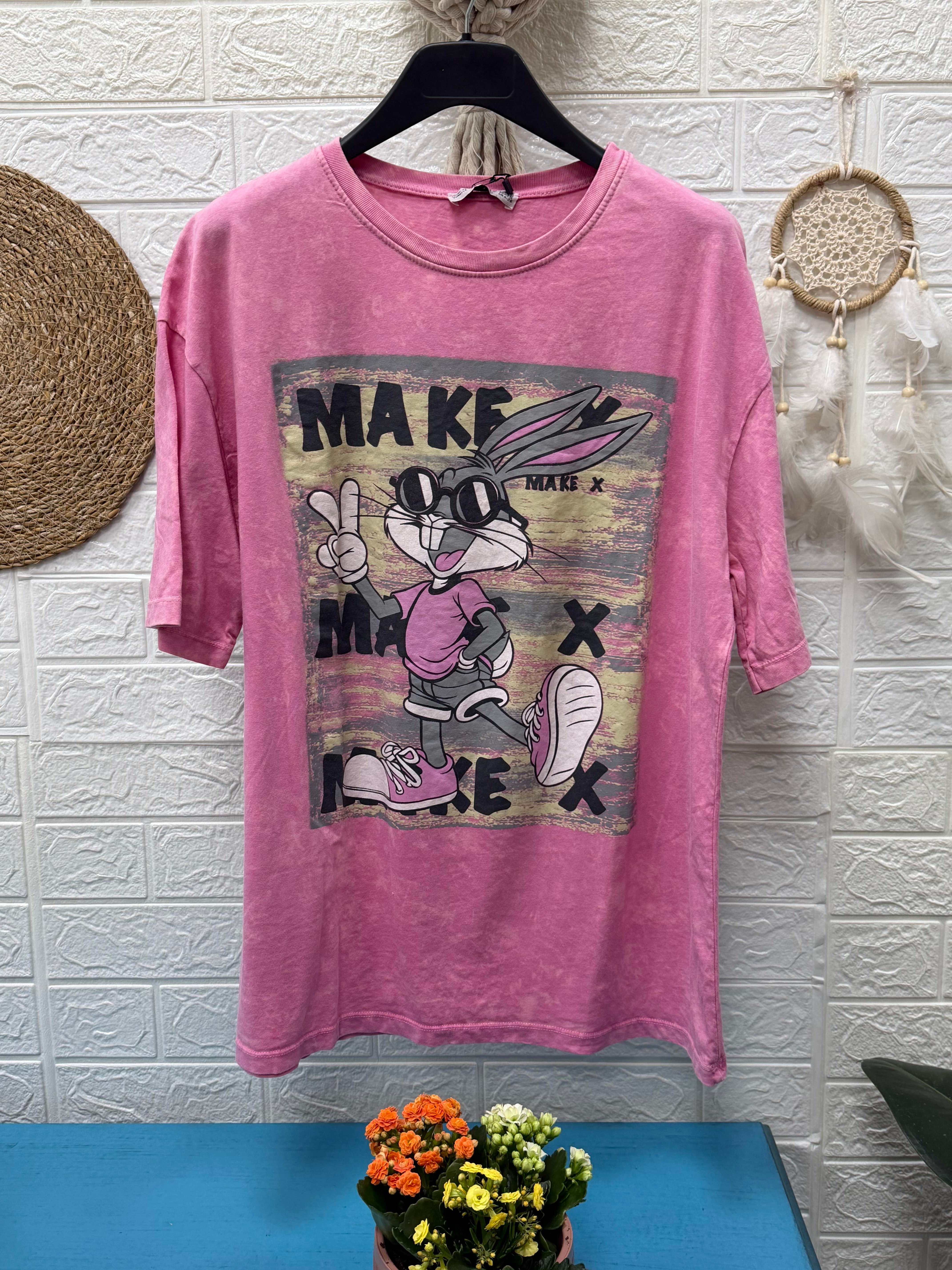 BUGS BUNNY BASKILI TAŞLANMIŞ PEMBE TSHİRT