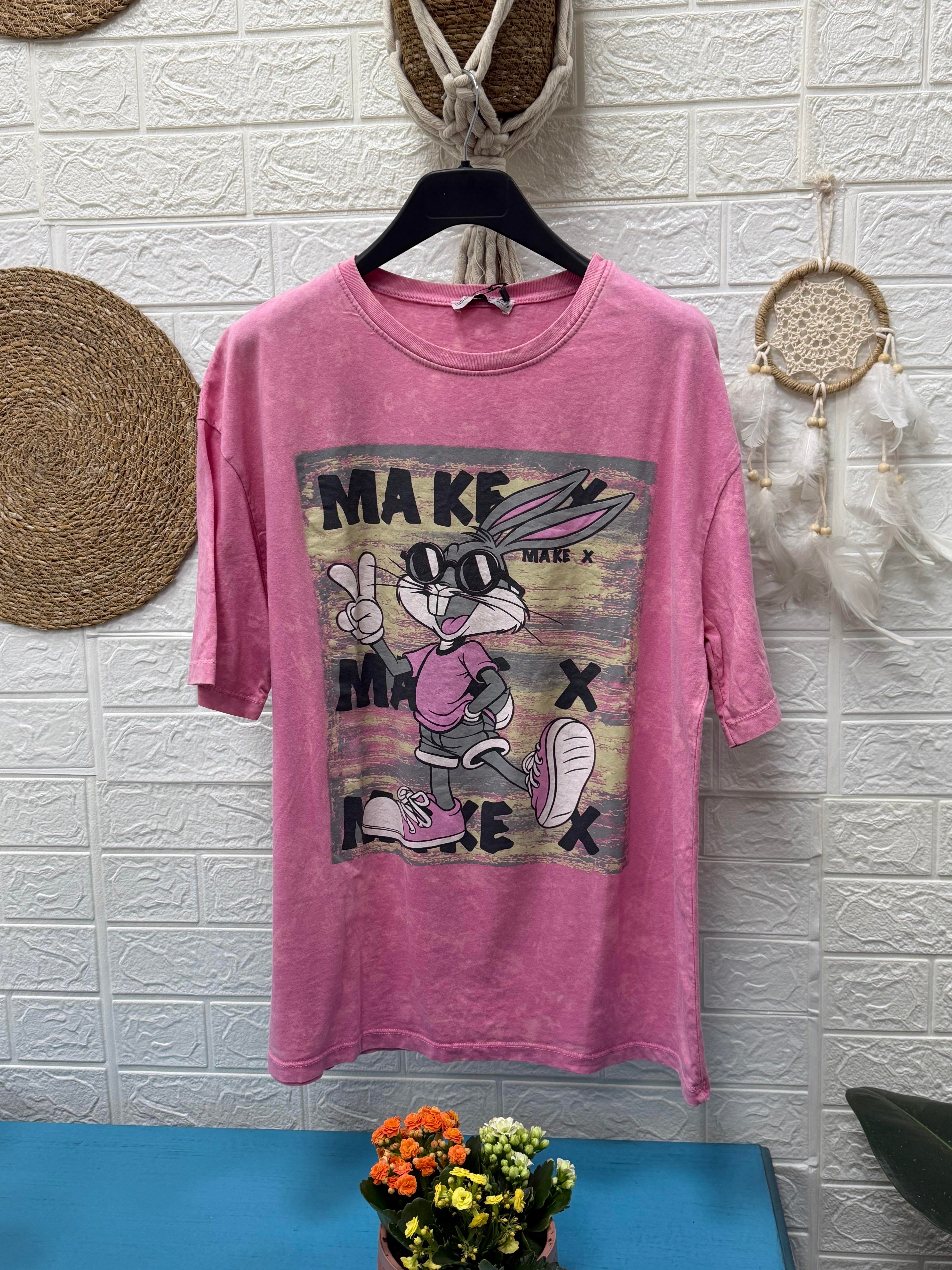 BUGS BUNNY BASKILI TAŞLANMIŞ PEMBE TSHİRT