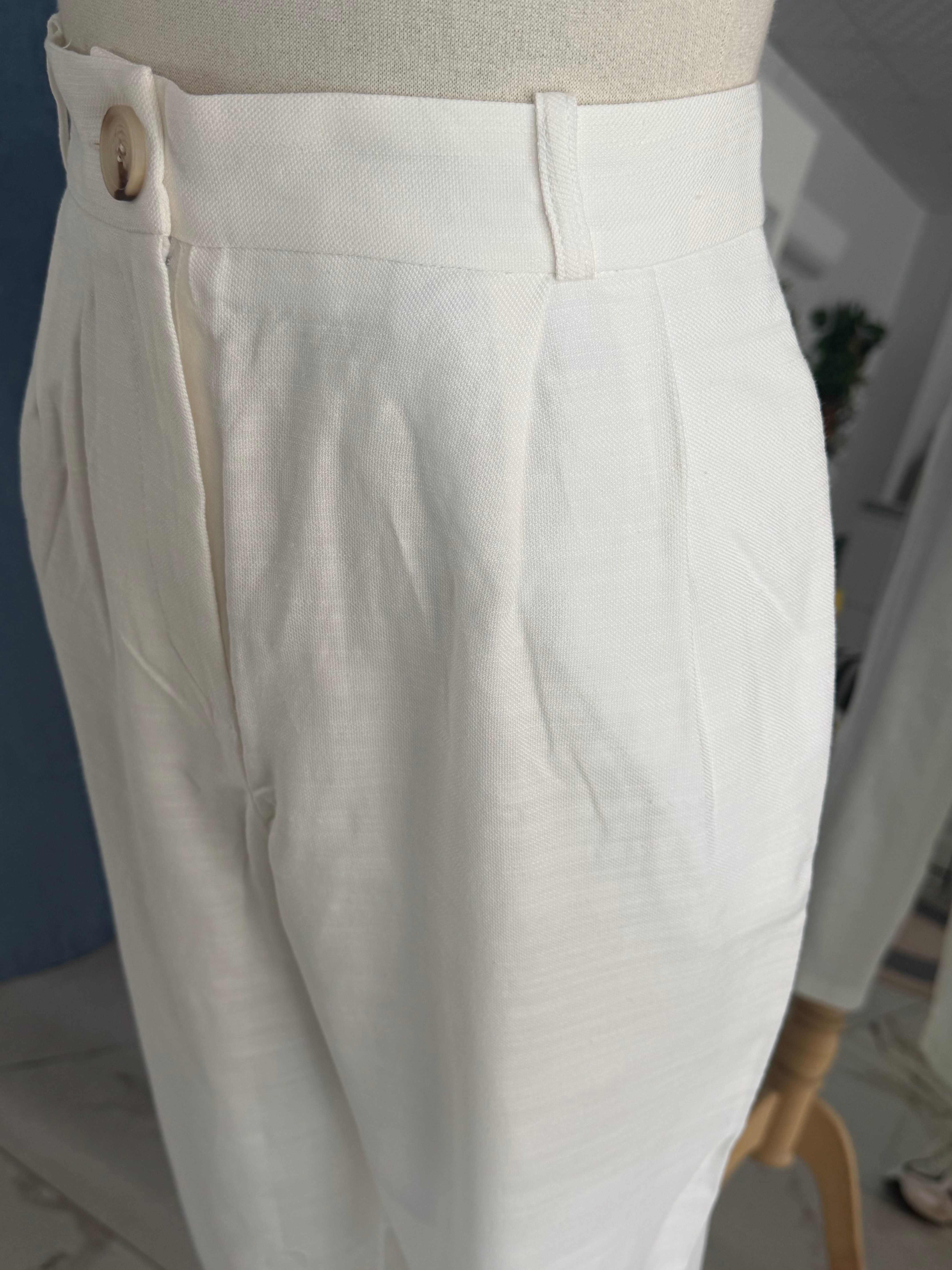 Çift Pileli Keten Pantolon - Krem
