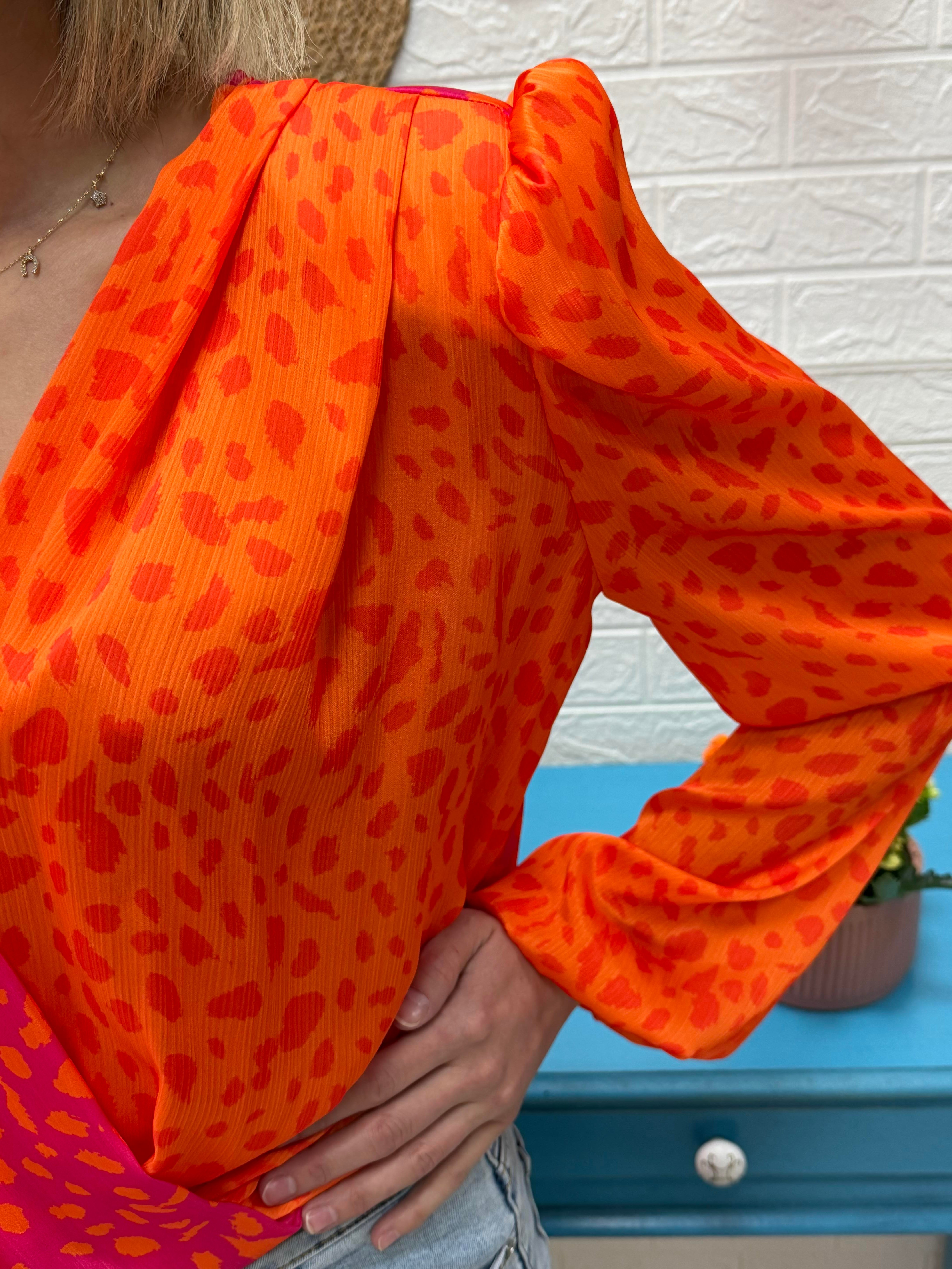 Kruvaze Desenli Bodysuit Oranj-Fuşya