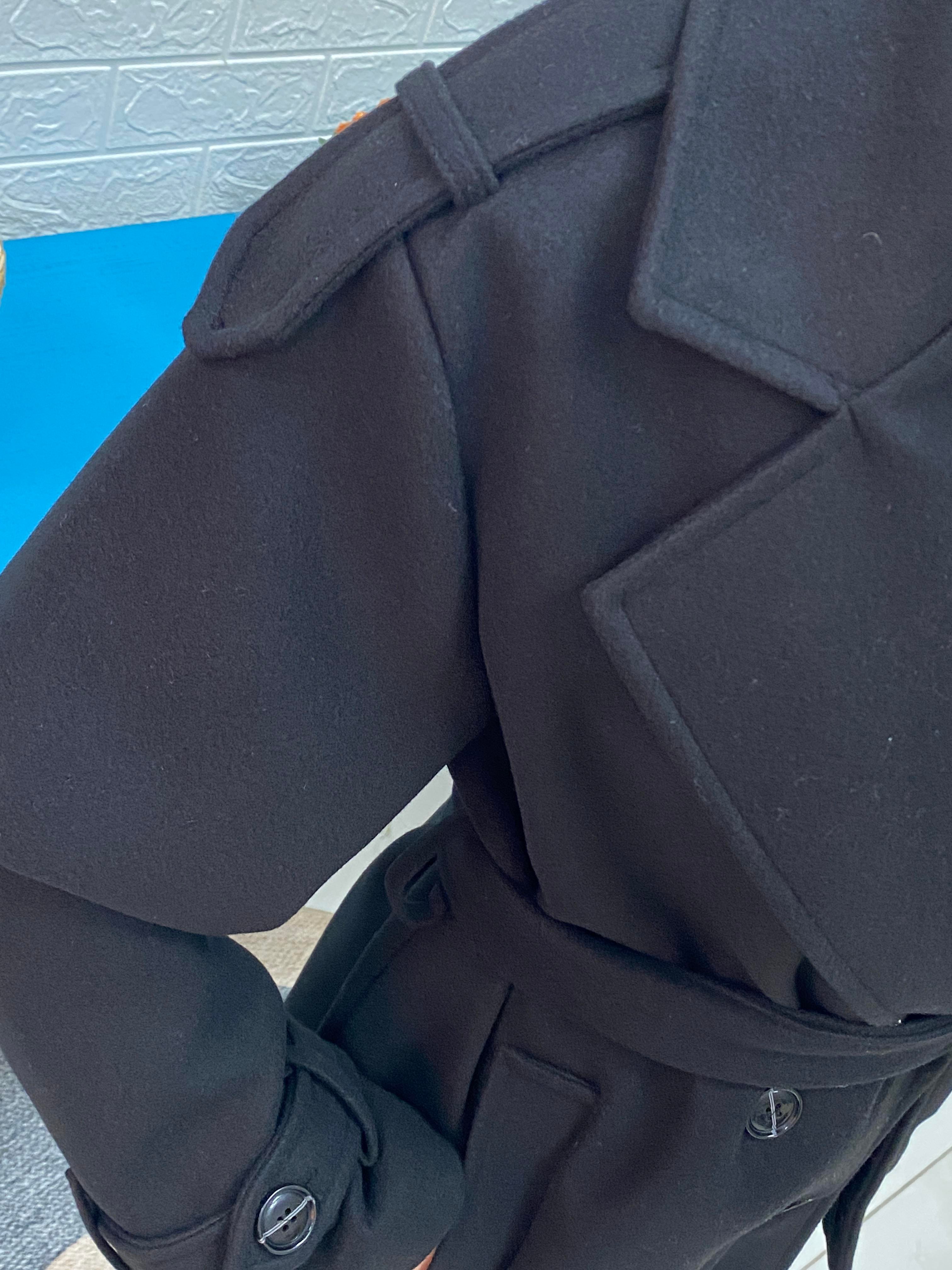 Lüx Kalite Apoletli Kuşaklı Kalın Kaşe Kaban Siyah