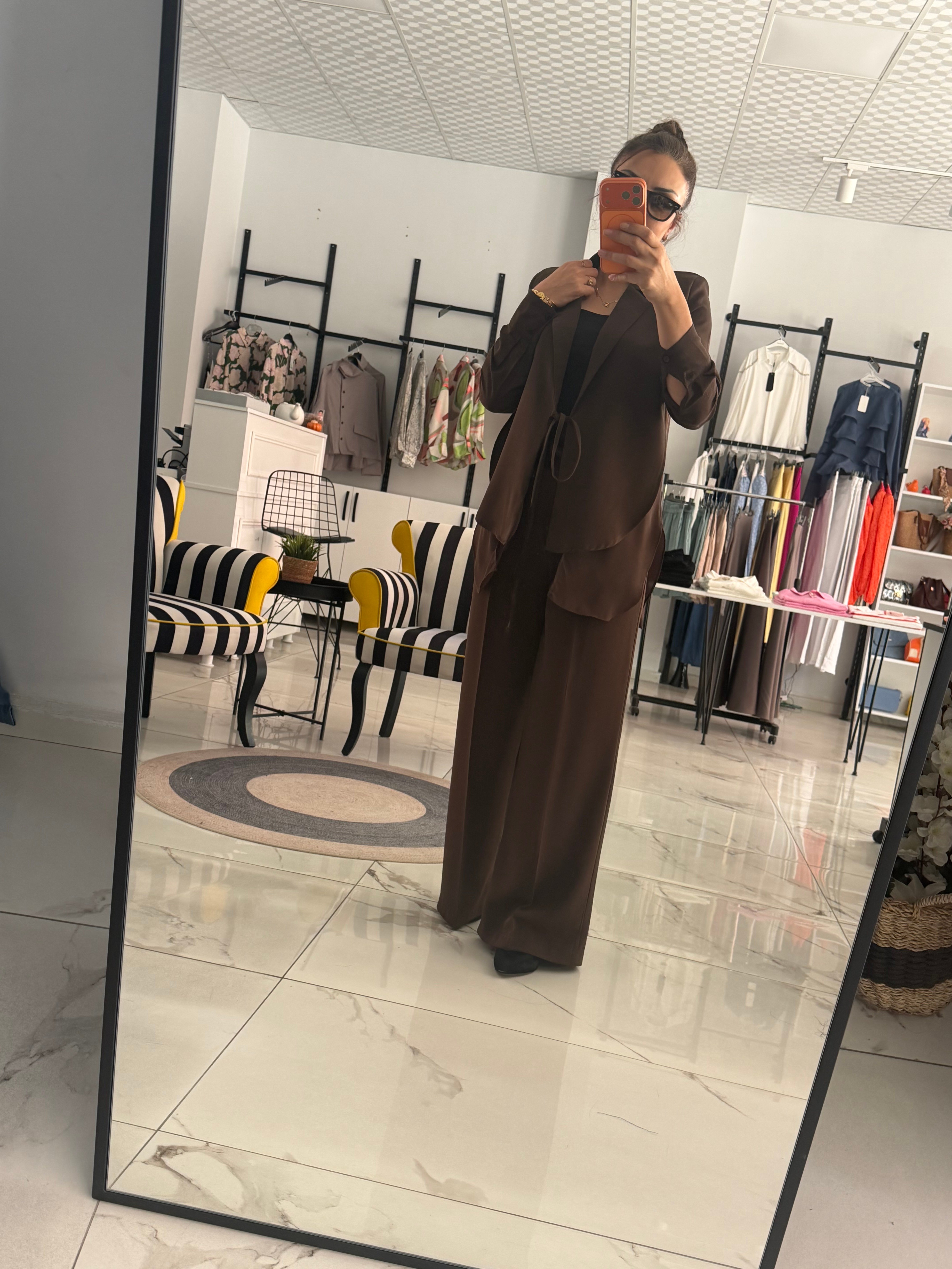 Orijinal Model , Acıkahve Şifon & Krep Mix , Tasarım Ceket Pantolon Takım
