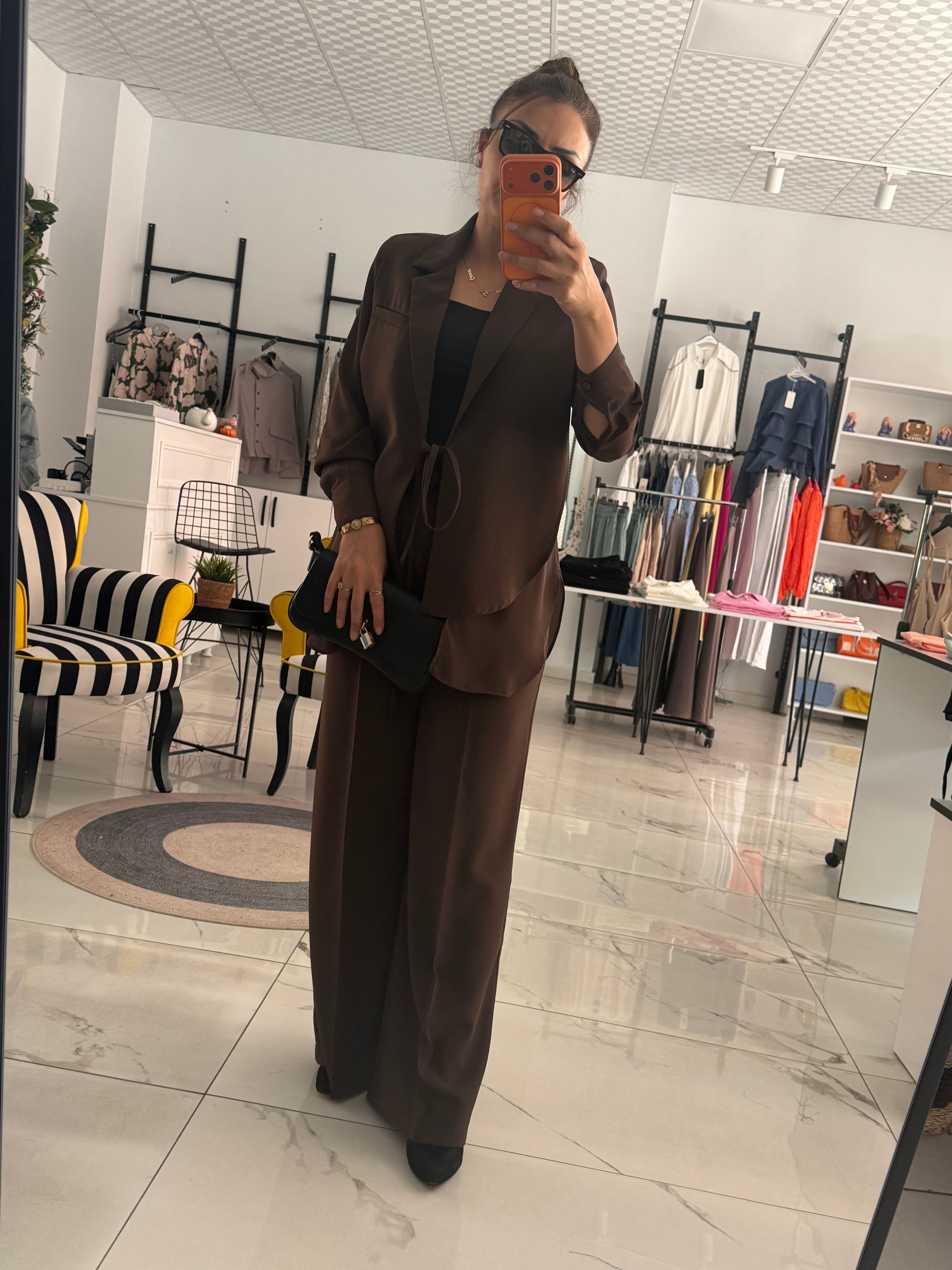 Orijinal Model , Acıkahve Şifon & Krep Mix , Tasarım Ceket Pantolon Takım