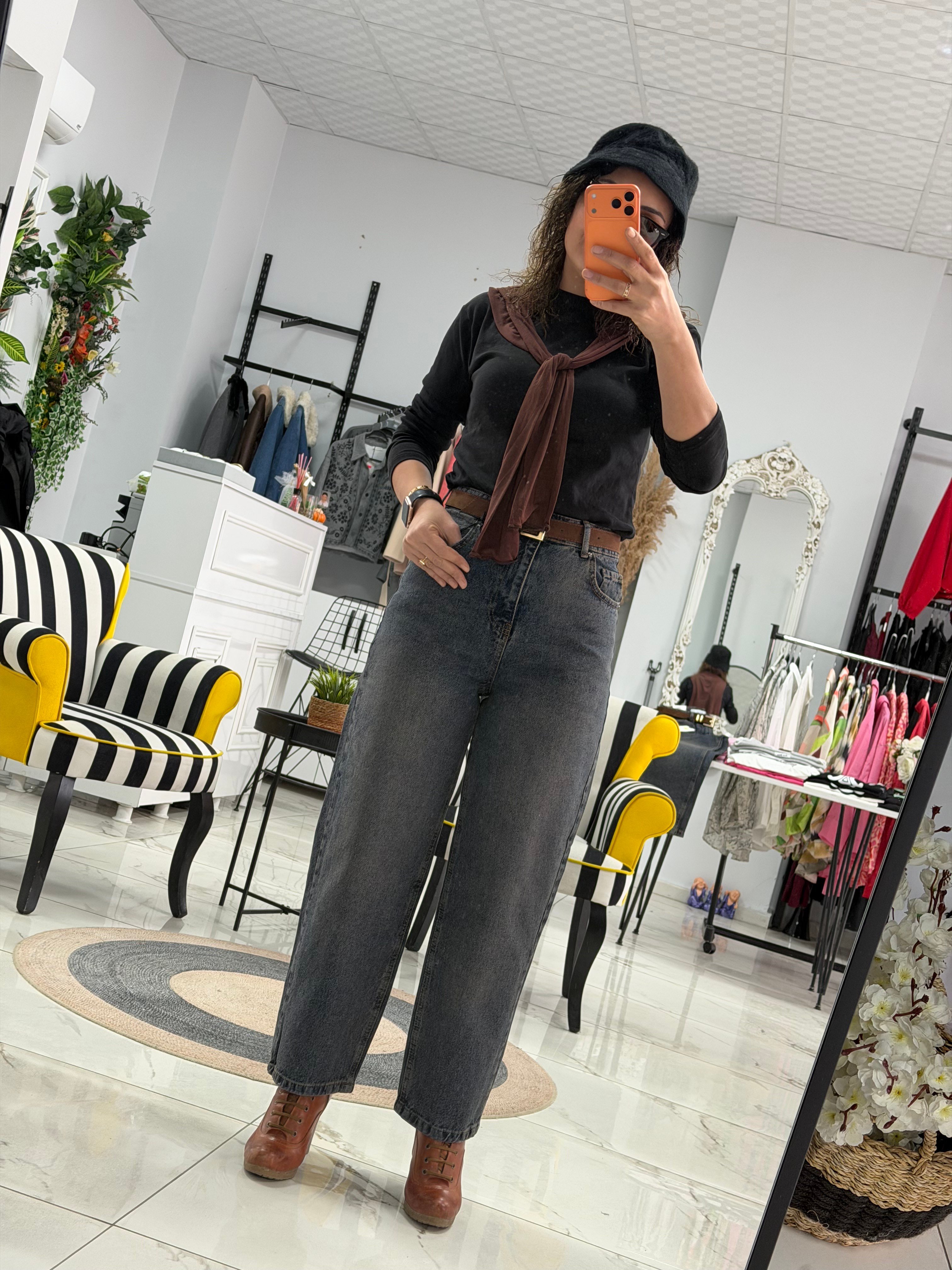 Yıkamalı Mavi Yüksek Bel Baggy Jean