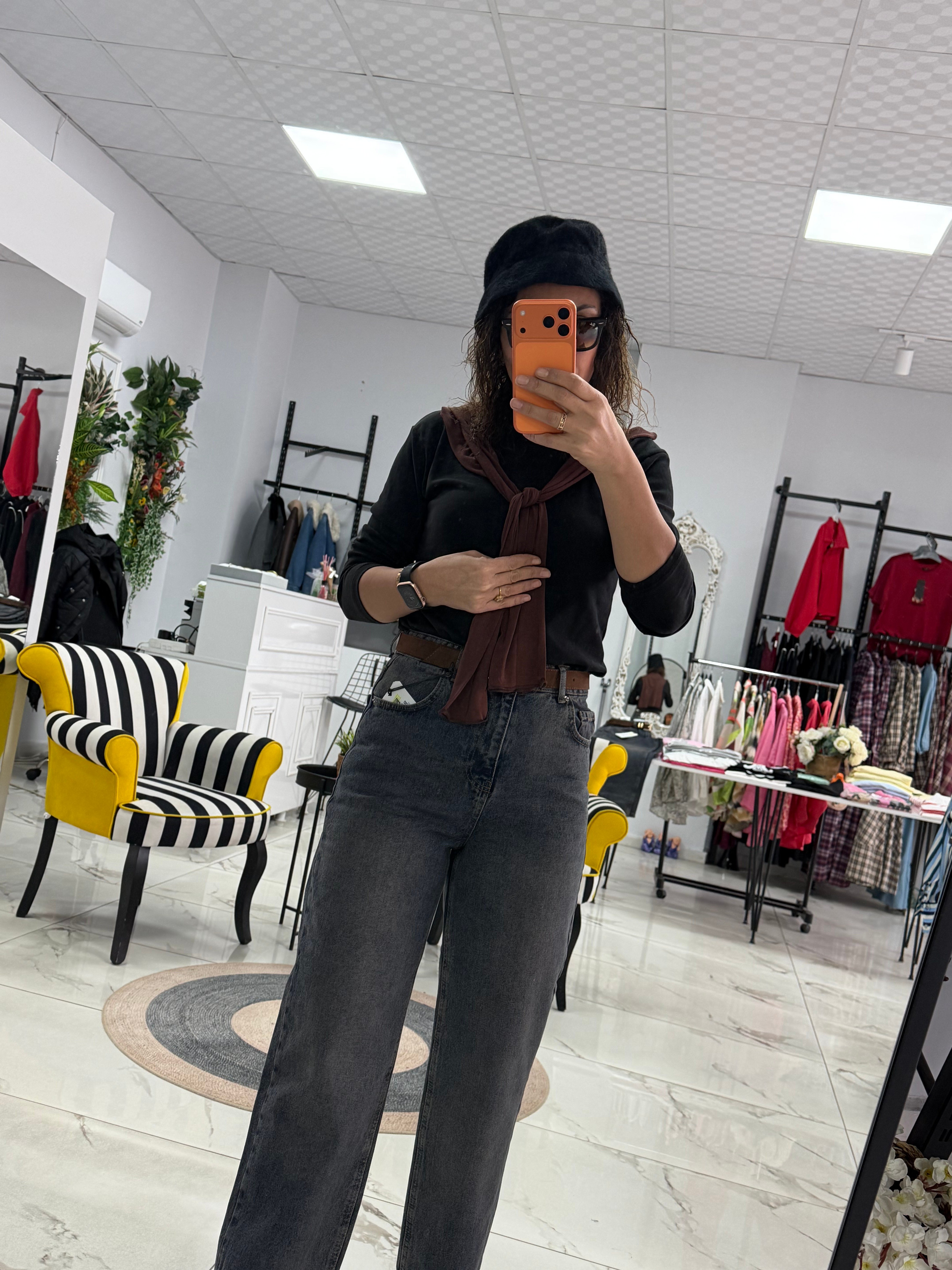 Yıkamalı Mavi Yüksek Bel Baggy Jean