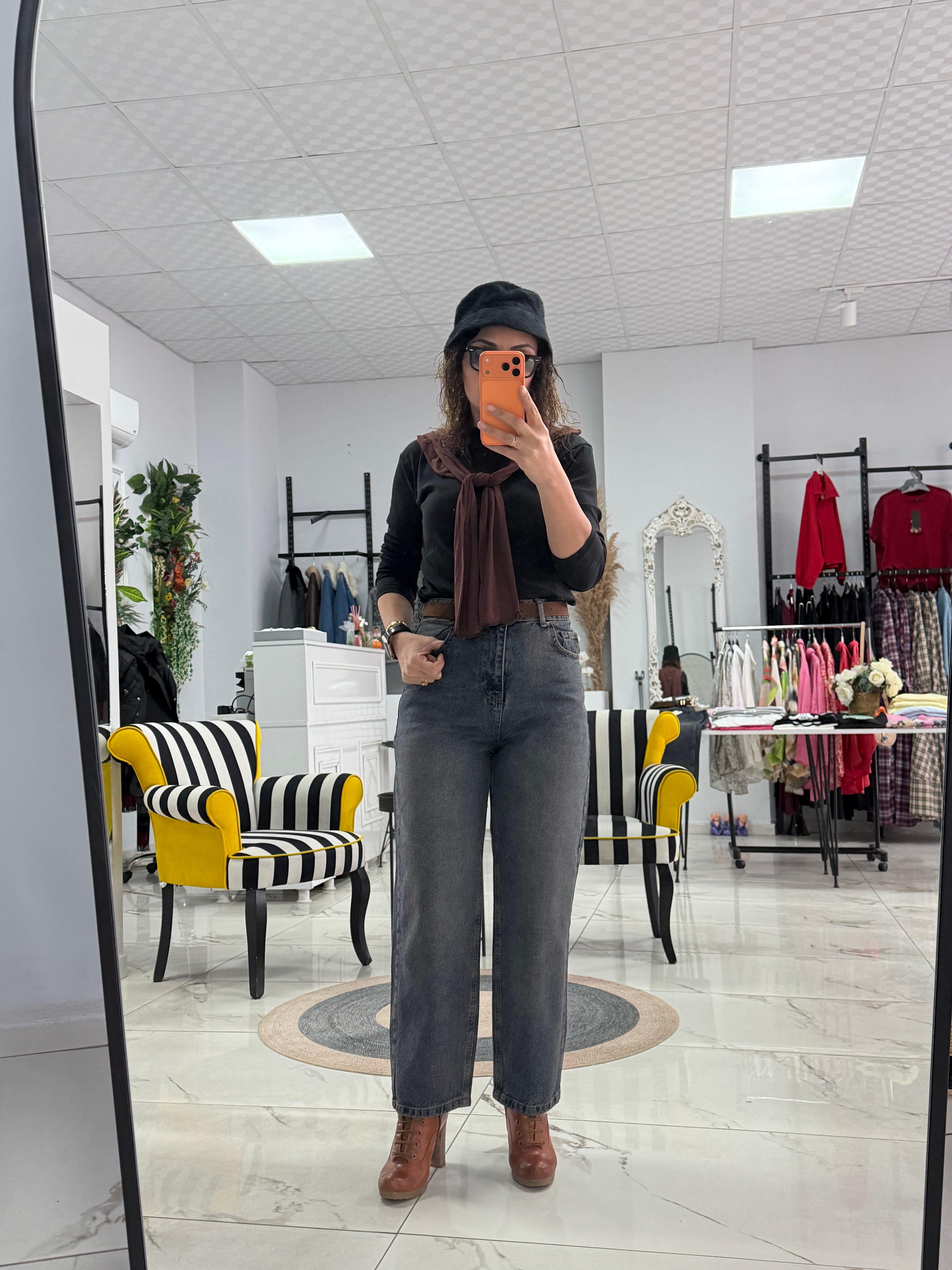 Yıkamalı Mavi Yüksek Bel Baggy Jean