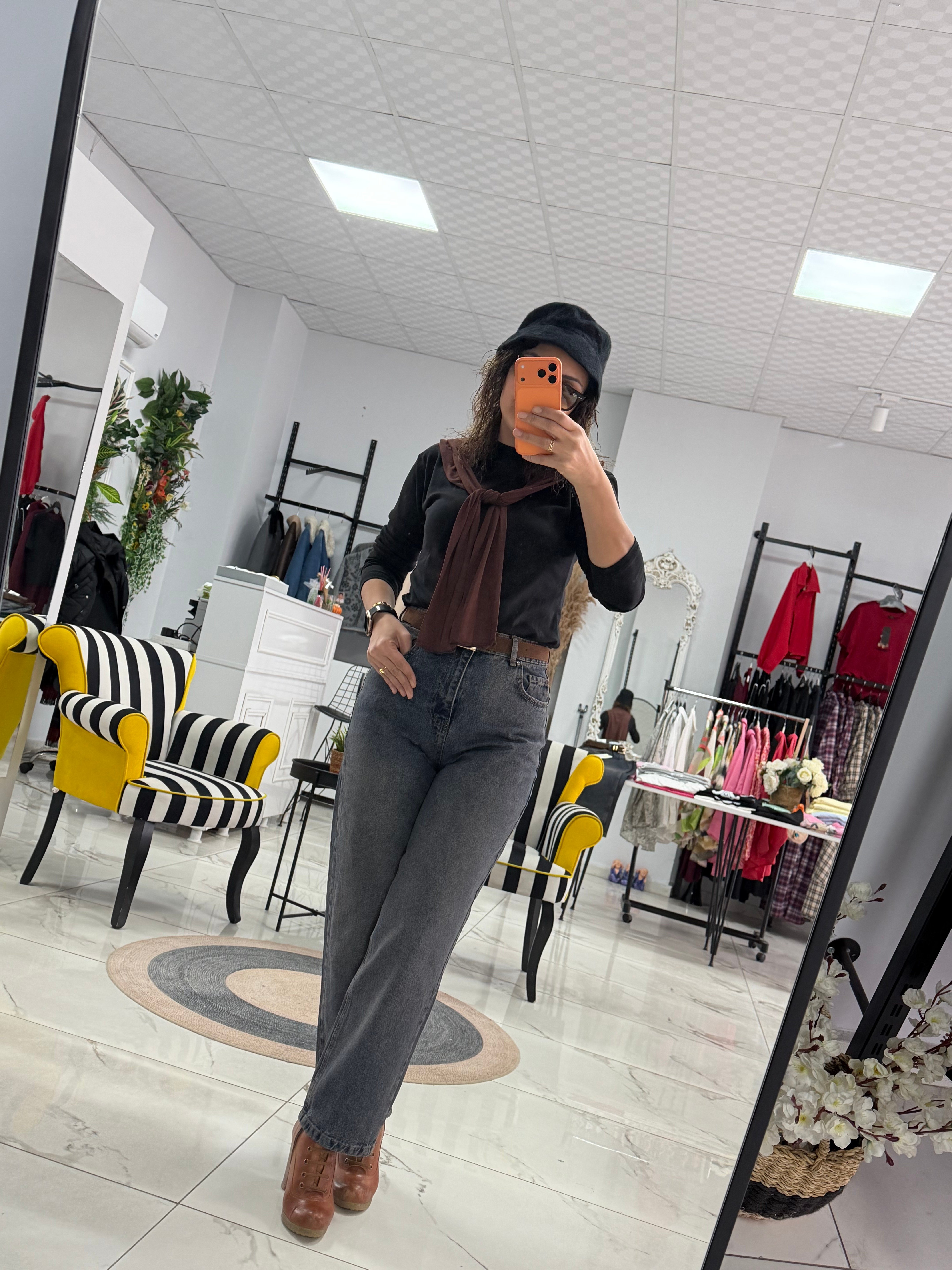 Yıkamalı Mavi Yüksek Bel Baggy Jean