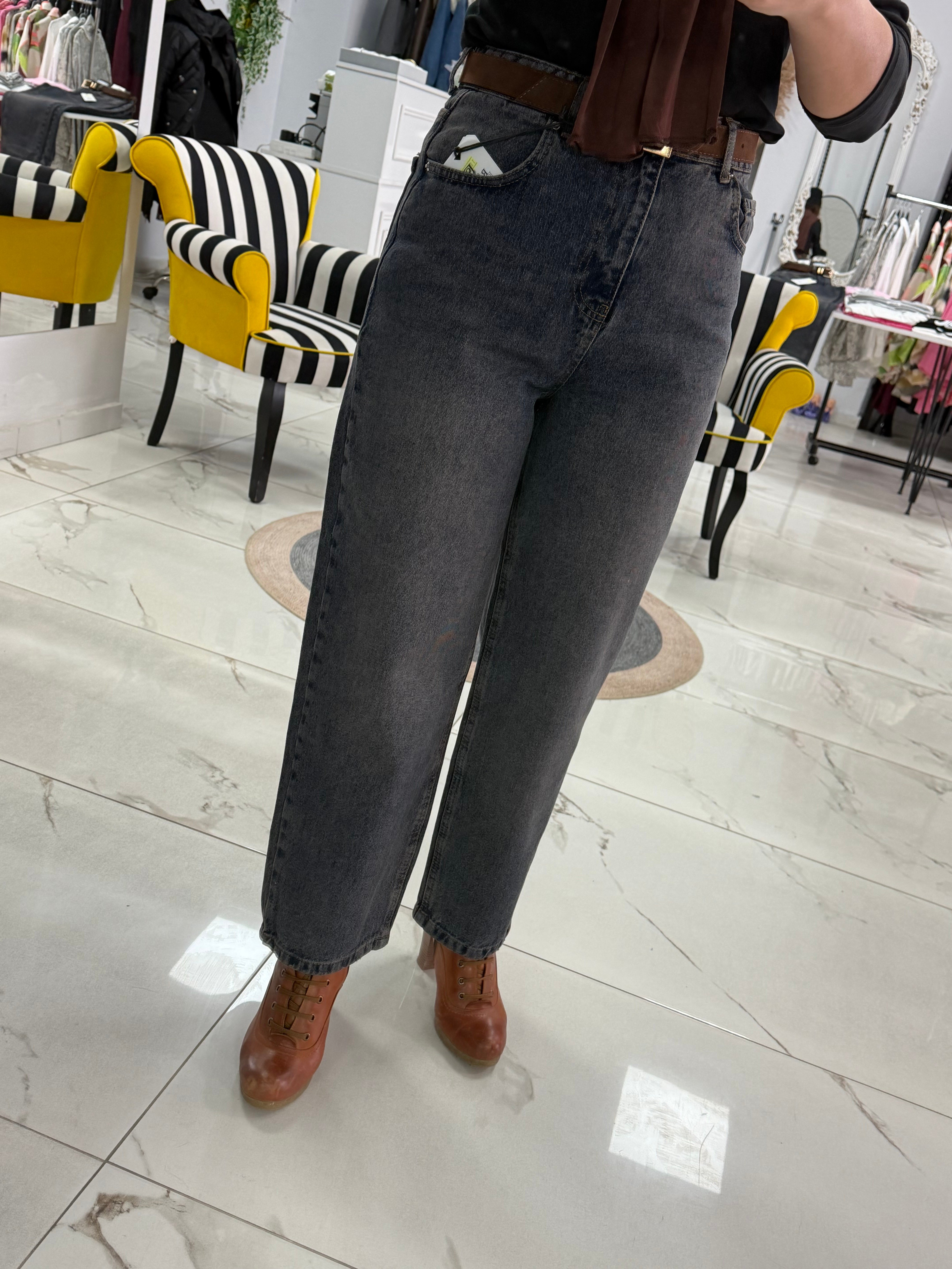Yıkamalı Mavi Yüksek Bel Baggy Jean