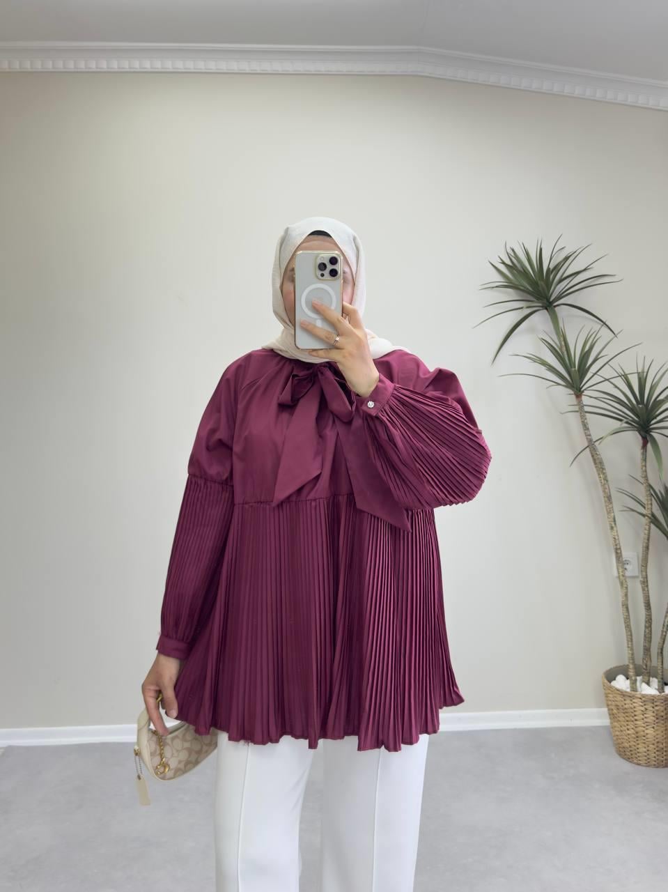 2080 - Kolu Pİliseli Tunik - Bordo
