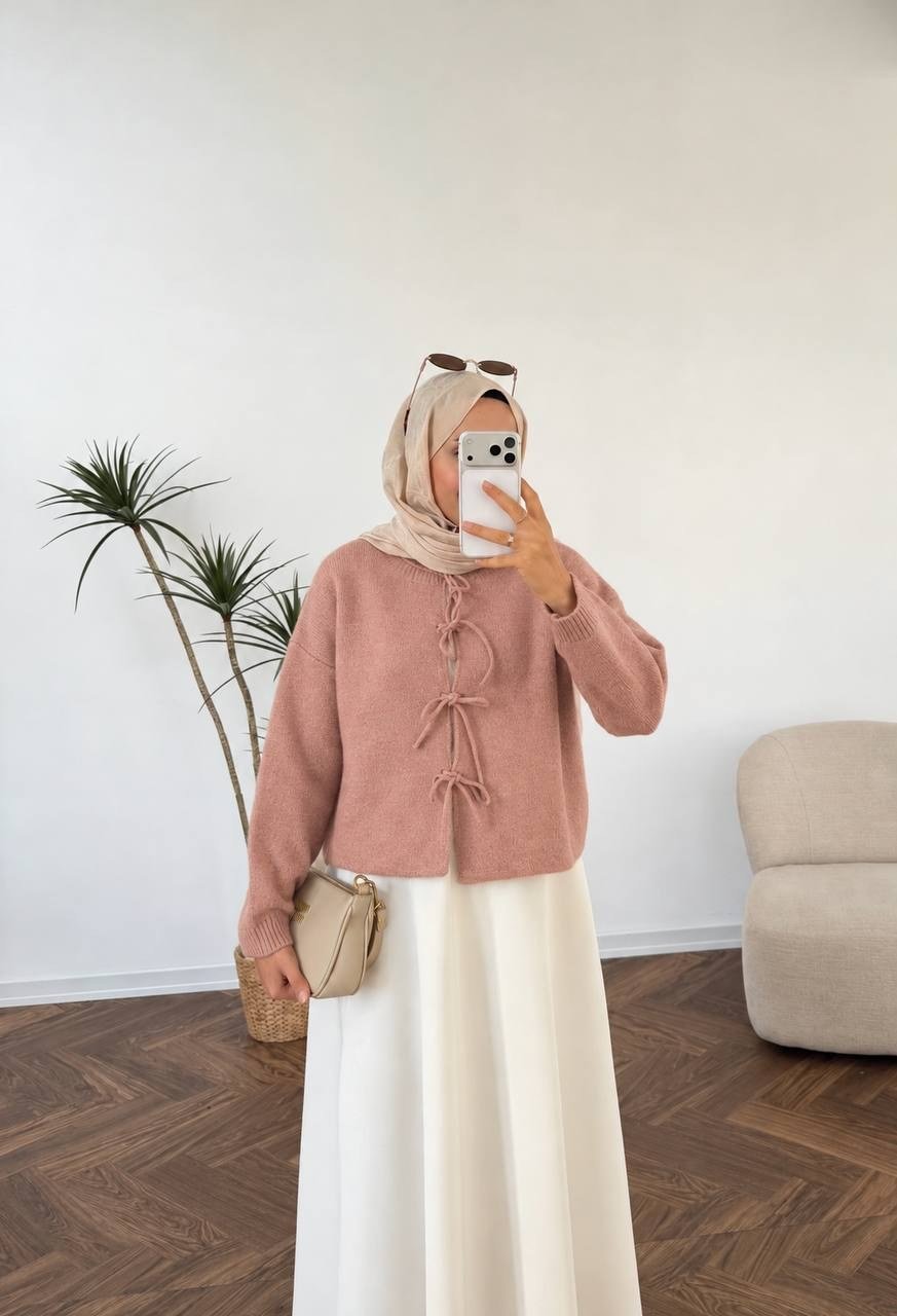 2525 - Fiyonklu Triko Hırka - Pudra pembe