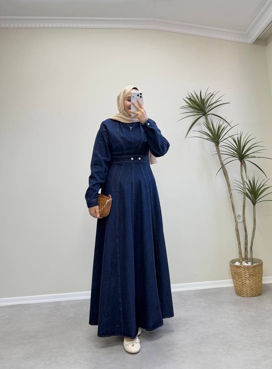 2936 - Denim Kloş Elbise - Lacivert