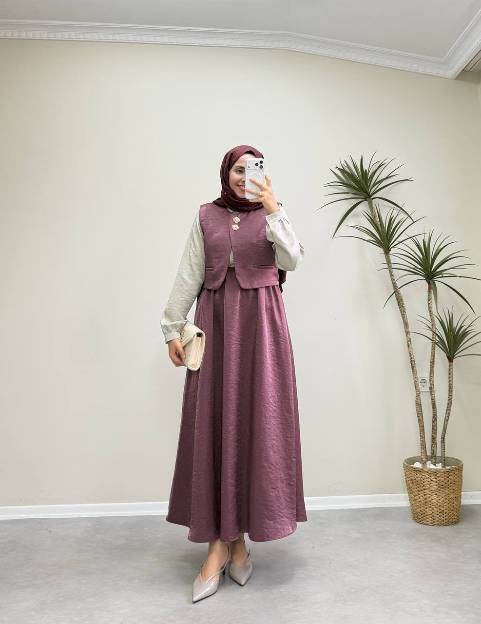 2974 - Tafta Elbise - Bordo