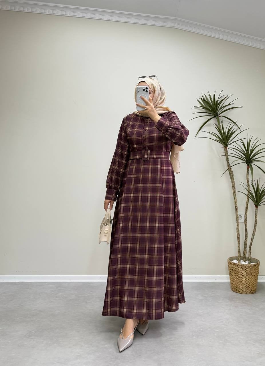 2981 - Kemerli Ekose Elbise -  Bordo